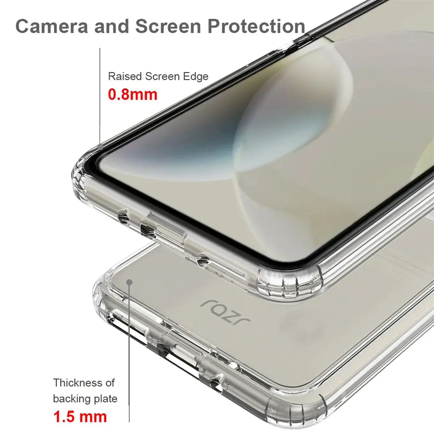 Klares Schutzcase aus Kunststoff für Motorola Razr 40, Nahaufnahme, Oberkante und Rückseite.