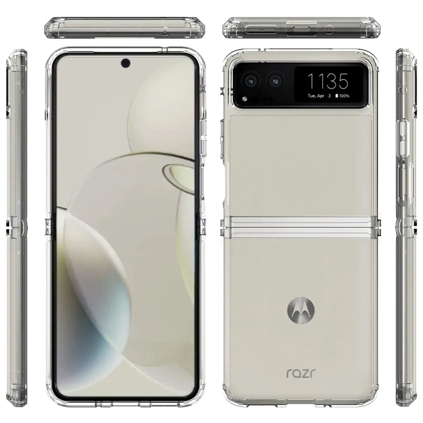 Klares Schutzcase aus Kunststoff für Motorola Razr 40, Vorder-, Rück- und Seitenansicht.
