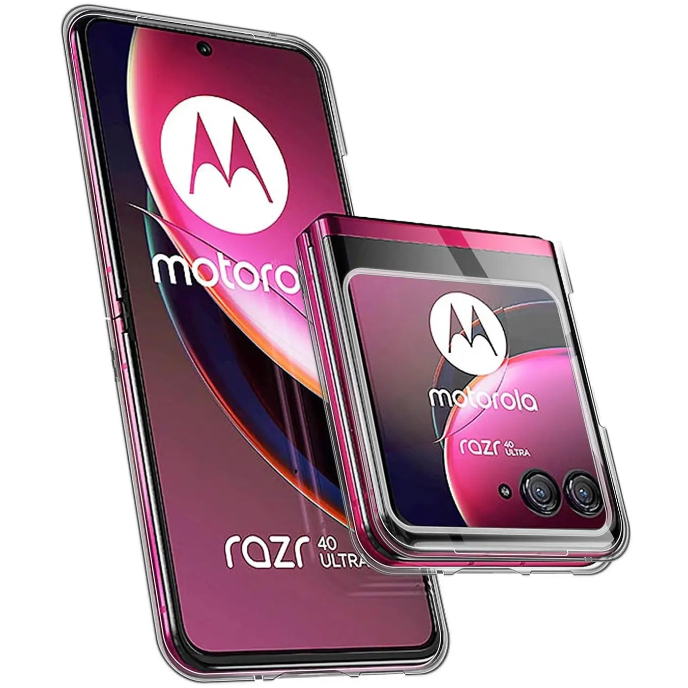 Klar, hier ist der ALT-Text:

Motorola Razr 40 Ultra in Pink mit klarem, schlankem Case, aus Kunststoff, aus der.