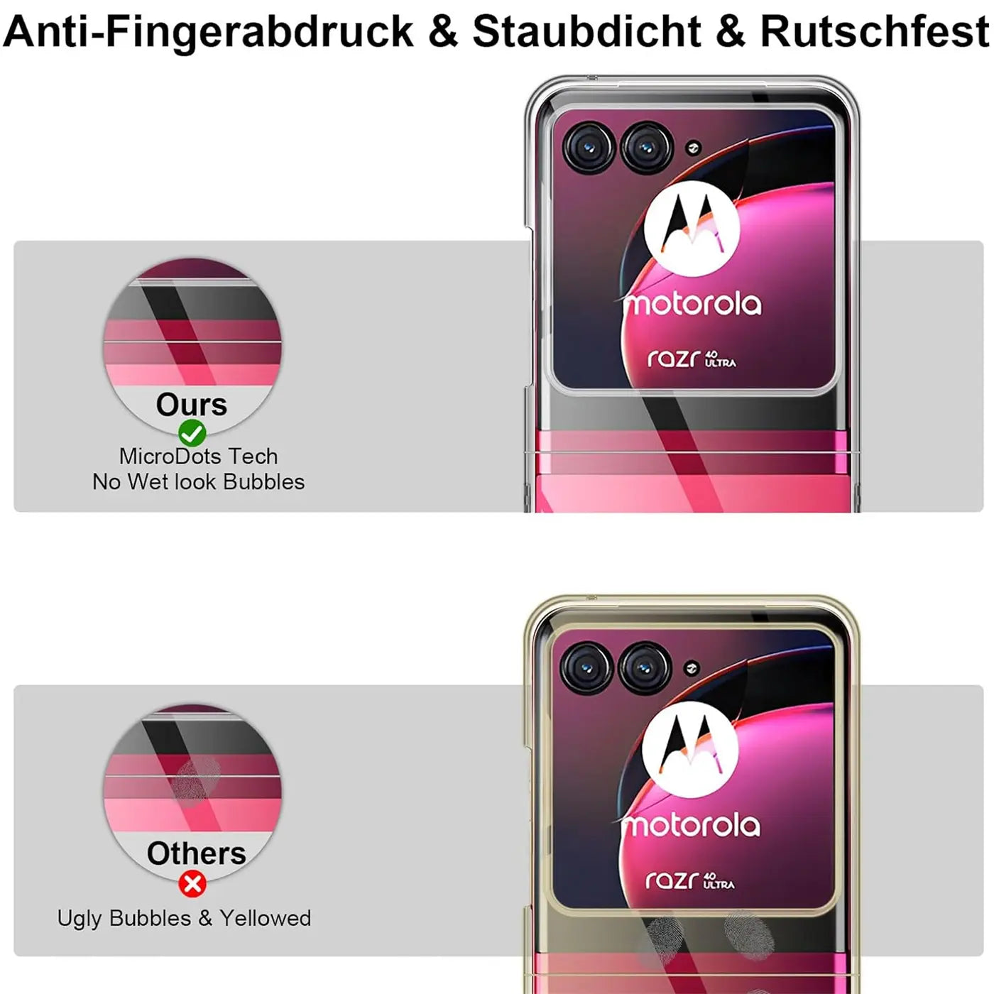 Klar, transparentes Case mit Motorola Razr 40 Ultra, Nahaufnahme, kein Marketing.