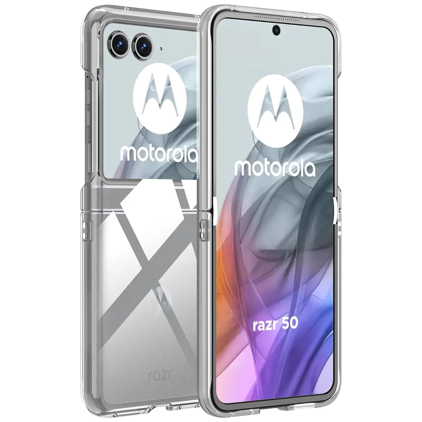 Klares Klapphandyhülle aus Kunststoff, zeigt Motorola Razr 50, Vorder- und Rückansicht.
