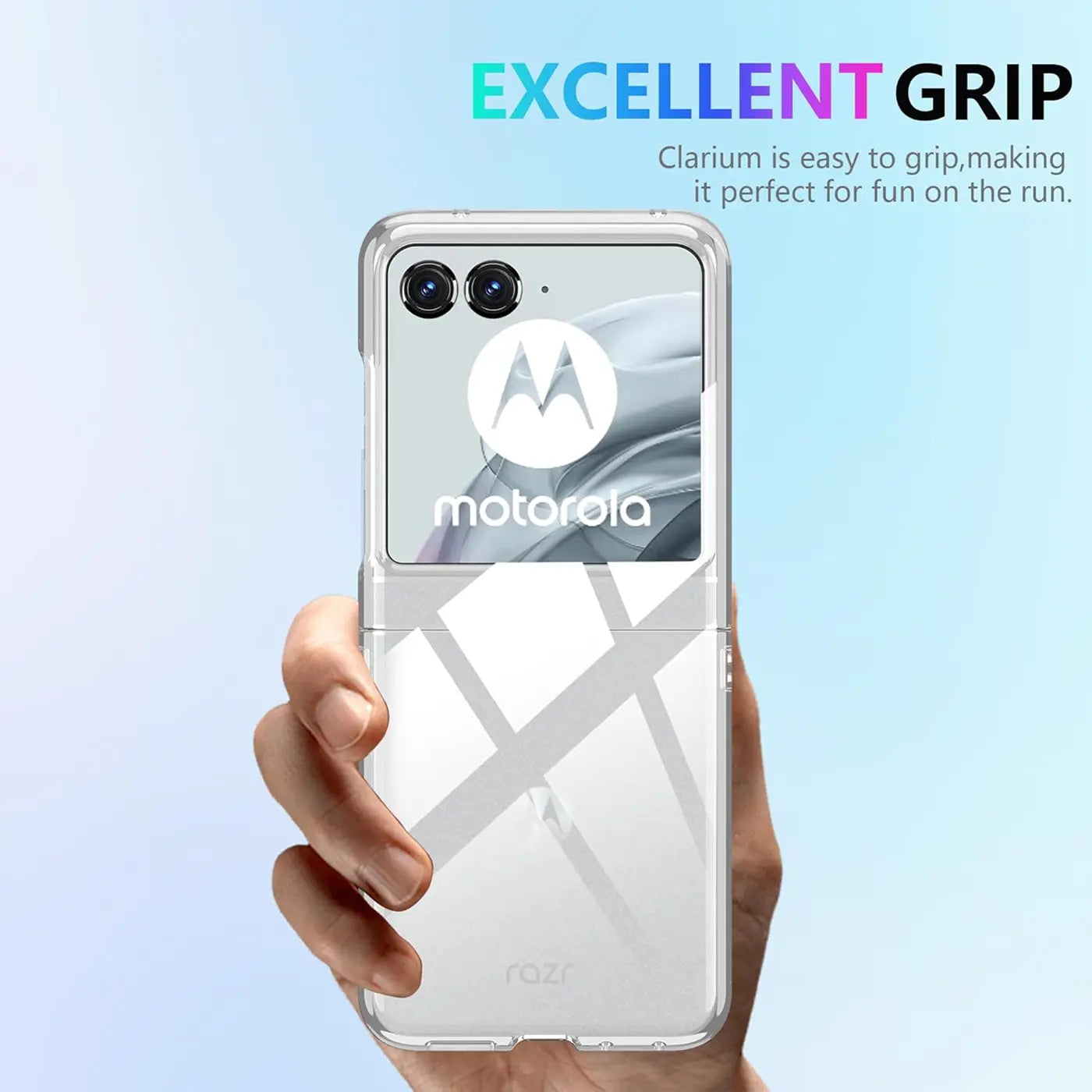 Transparente Hülle aus Kunststoff, die ein Motorola Razr 50 schützt. Von vorne gezeigt.