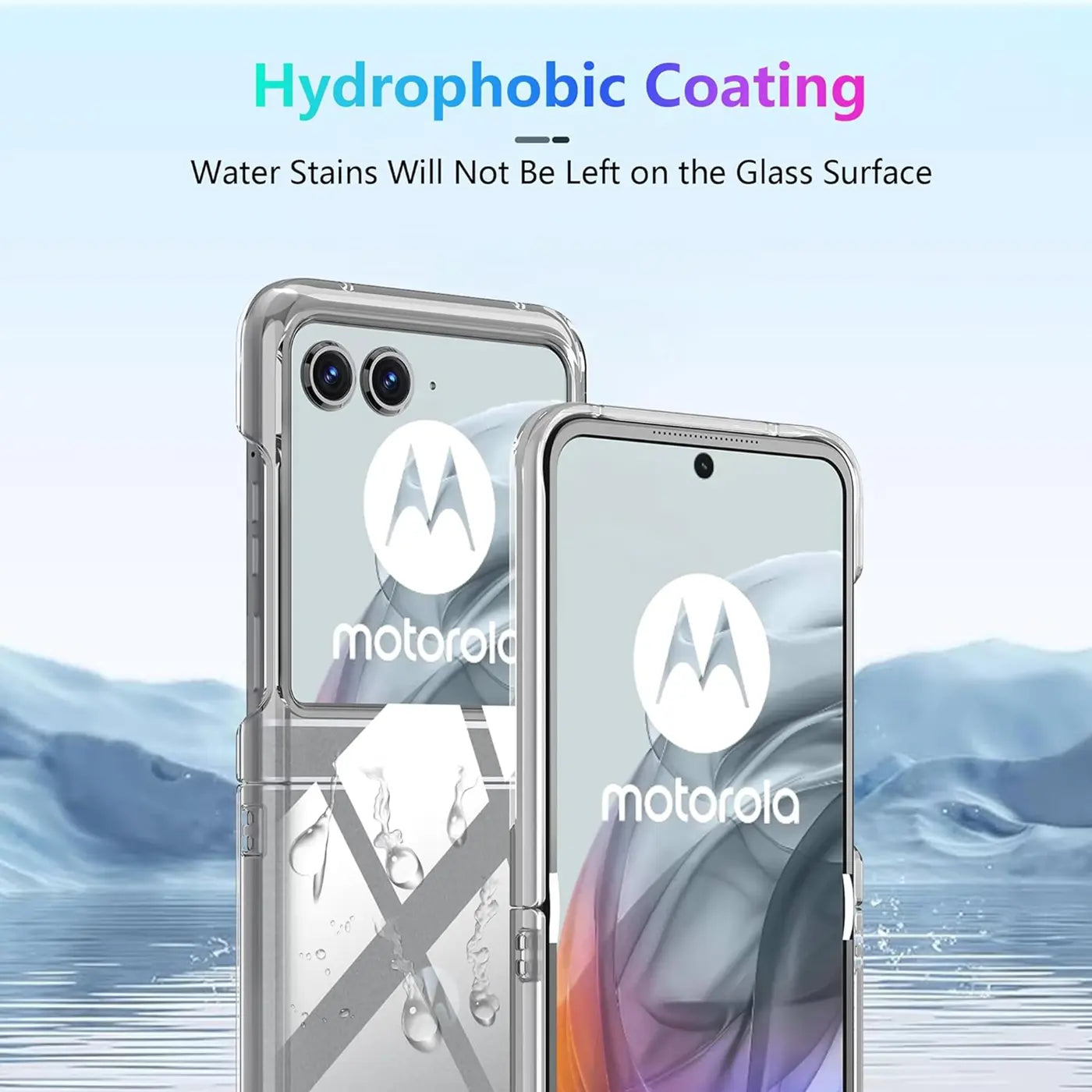 Klares, transparentes Flip-Case aus Kunststoff für Motorola Razr 50, von vorne/seitlich gezeigt.