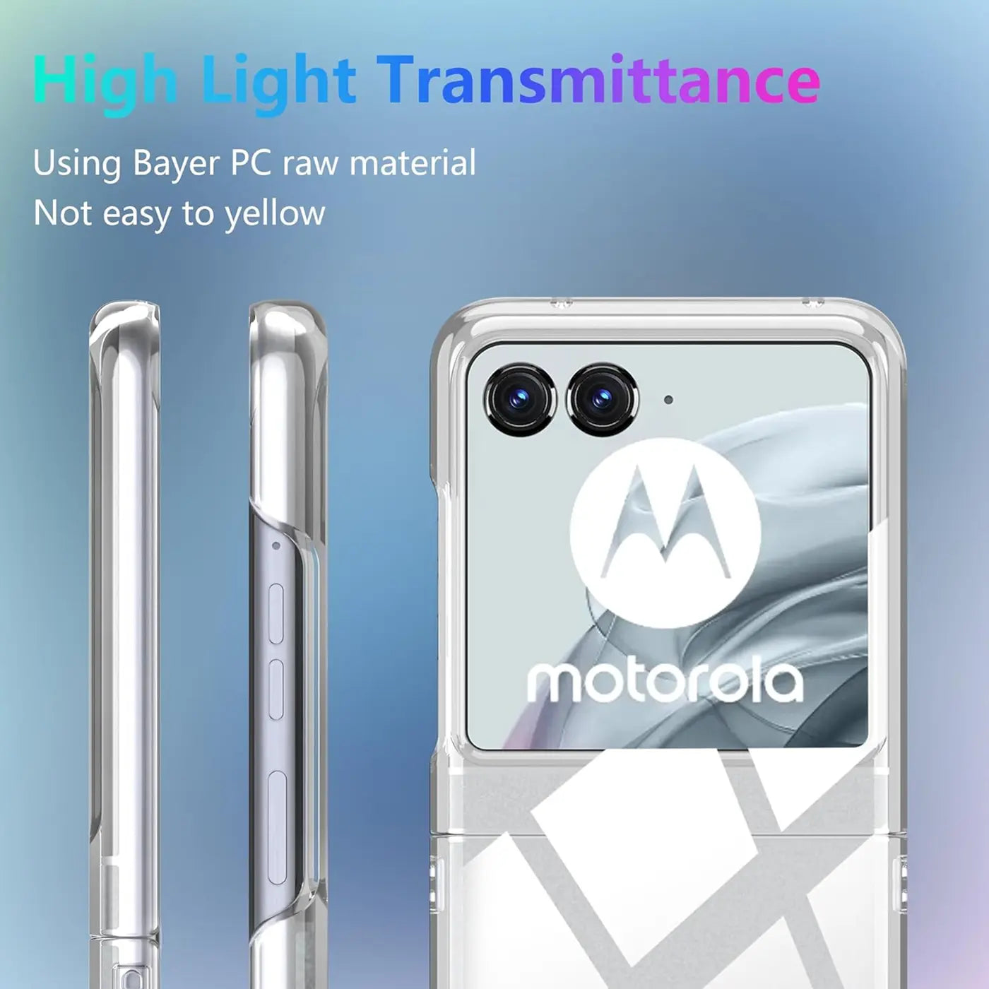 Klares PC-Case, Vorder- und Seitenansicht, Motorola Razr 50.