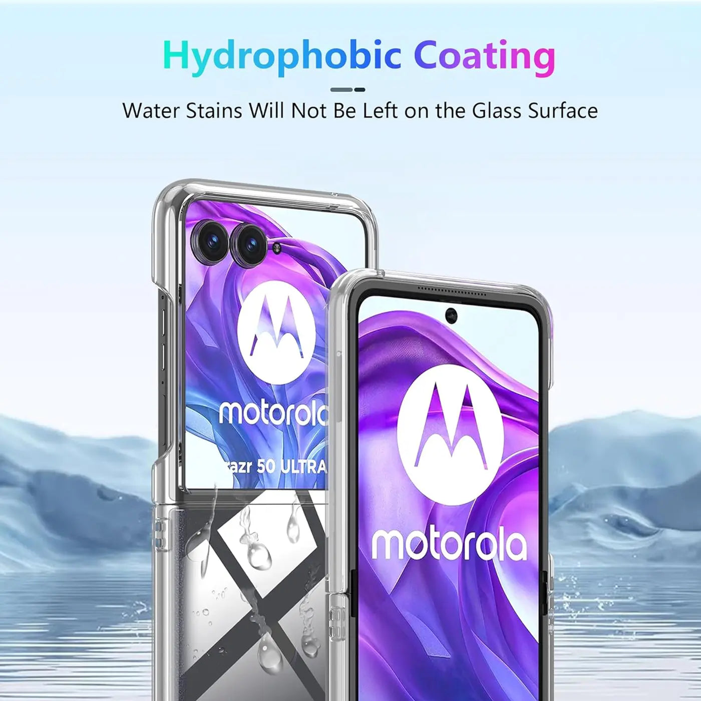 Klares, transparentes Schutzcase für Motorola Razr 50 Ultra, Vorder- und Rückansicht.