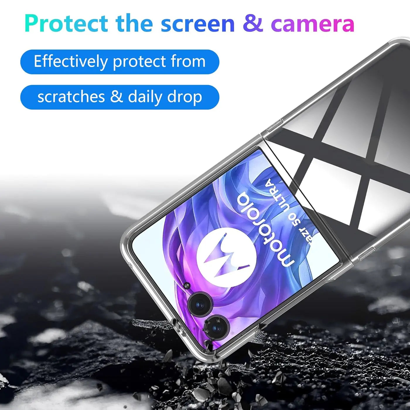Klares Schutzcase für Motorola Razr 50 Ultra, von oben, transparentes Material.