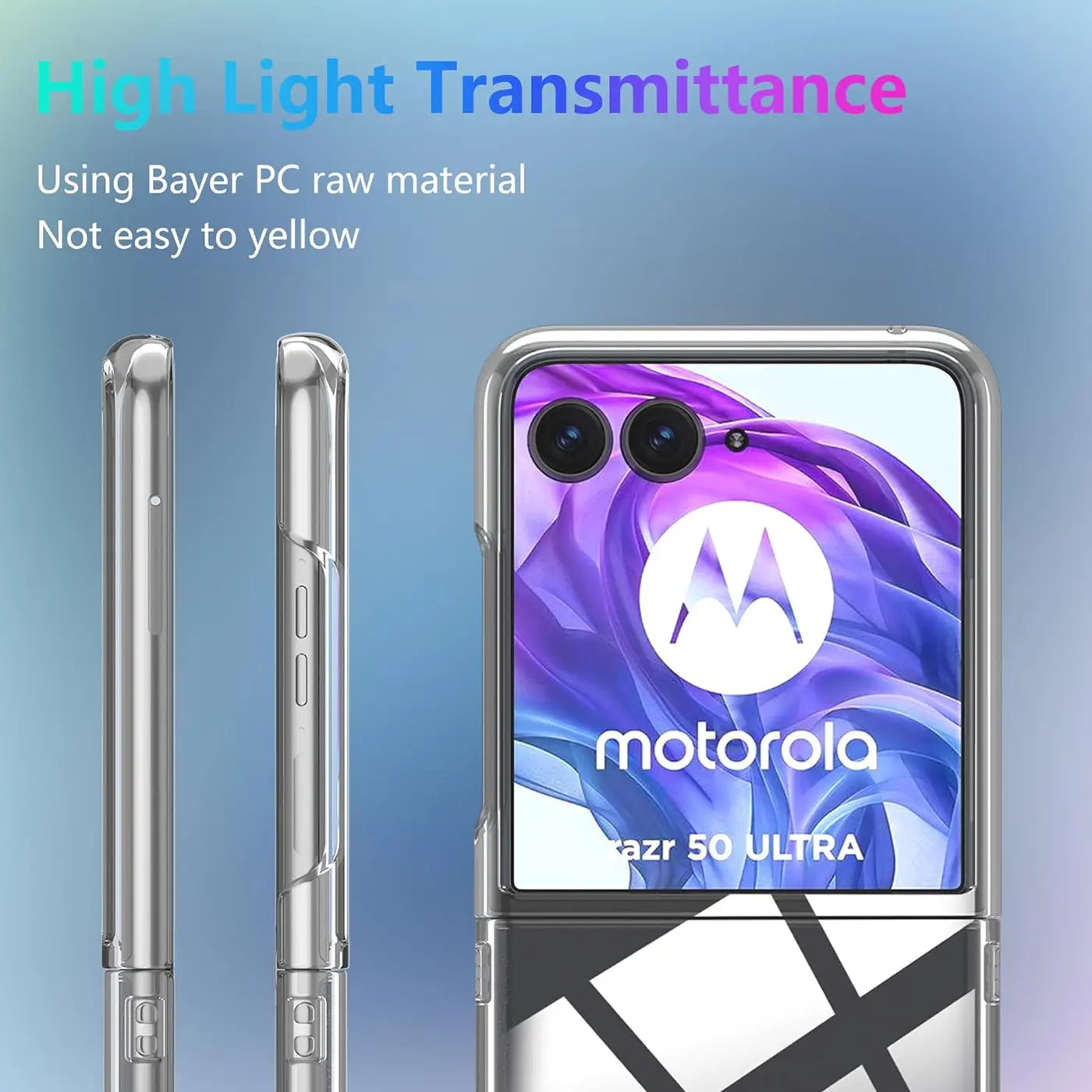 Klares PC-Case für Motorola Razr 50 Ultra, Vorderansicht und Seitenansichten.
