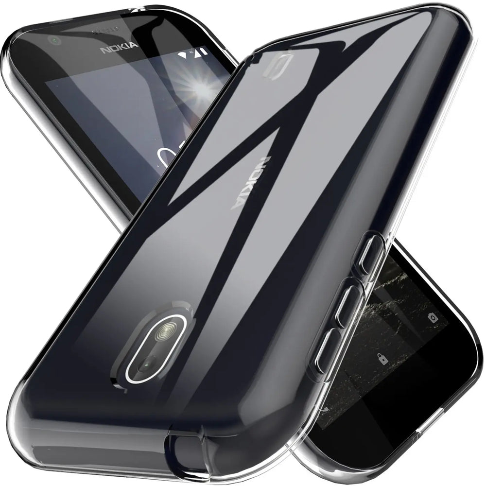 Zwei transparente Hüllen aus Kunststoff für ein Nokia 1, von vorne und schräg hinten gezeigt.