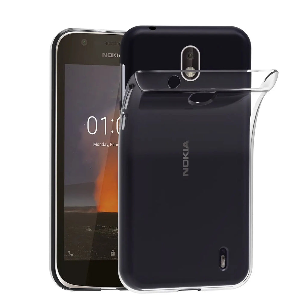Klares, flexibles Handyhülle aus Silikon, teilweise über einem schwarzen Nokia 1 Smartphone.