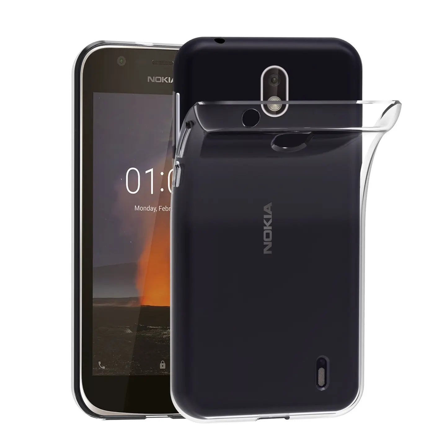 Klares, flexibles Handyhülle aus Silikon, teilweise über einem schwarzen Nokia 1 Smartphone.