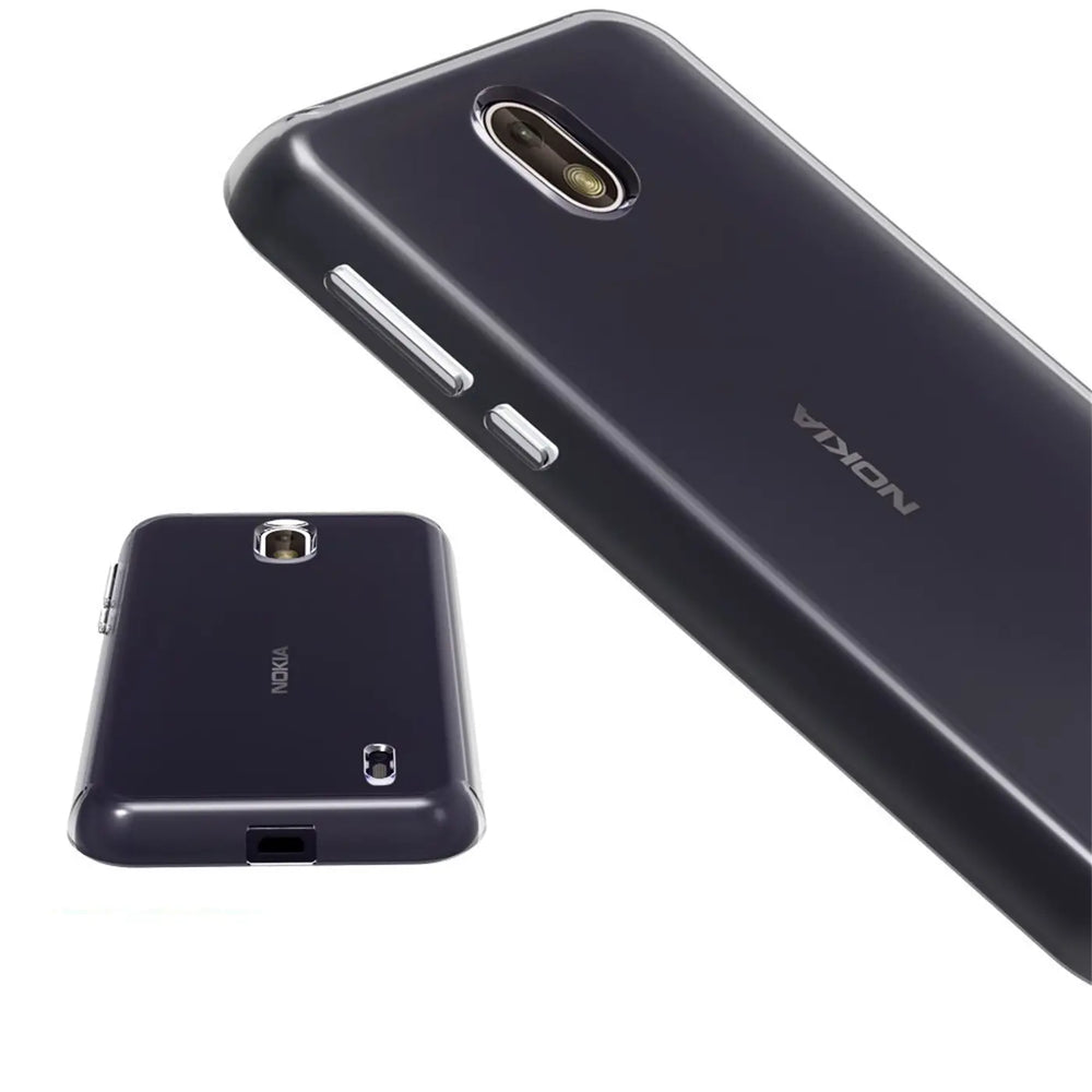 Dunkelgraues, transparentes Handy-Case aus Kunststoff, Rückansicht, Nokia 1 erkennbar.