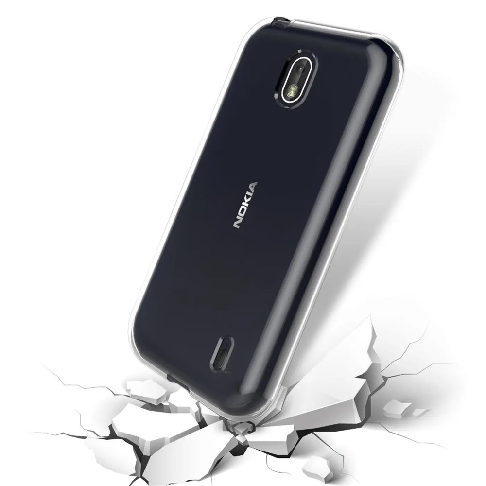 Nokia 1 in klarem, dünnem Schutzcase, Rückansicht, auf zerbrechendem Boden.