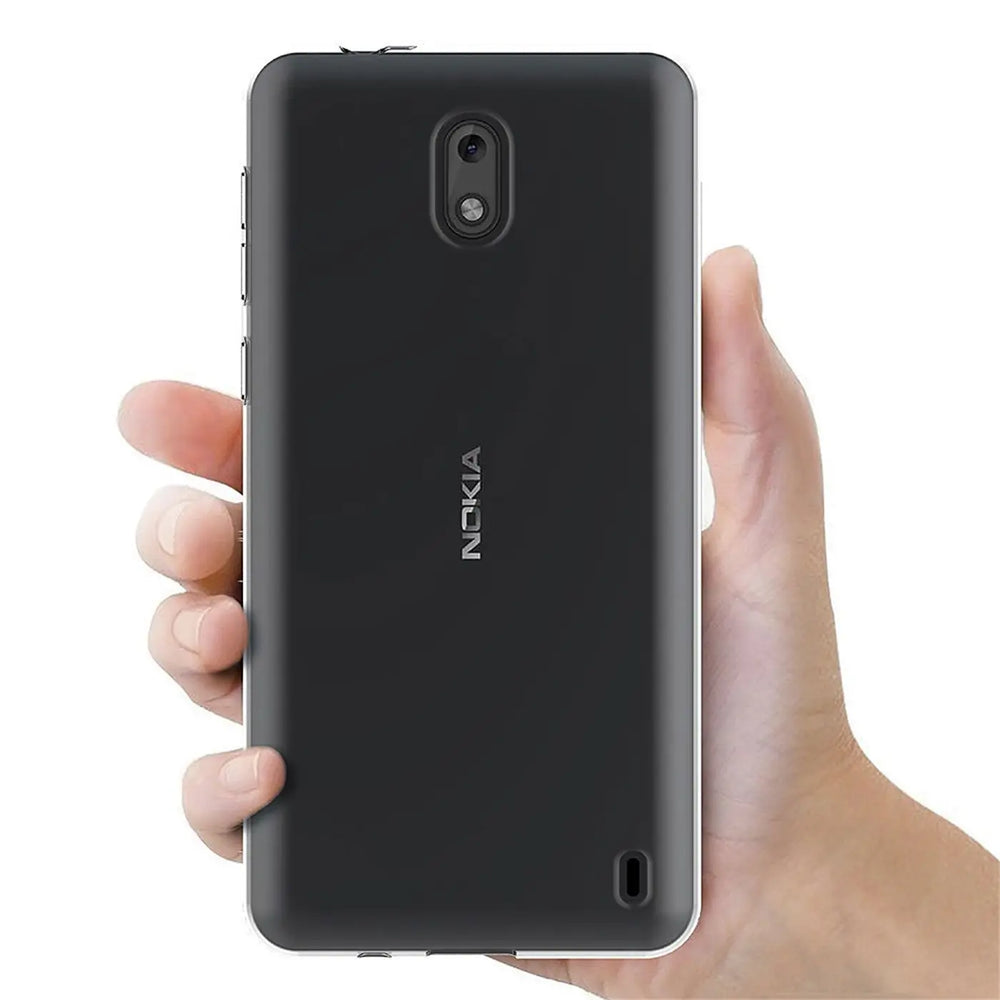 Schwarzes Nokia 1 Smartphone in einer Hand, Rückansicht, mattes Material.