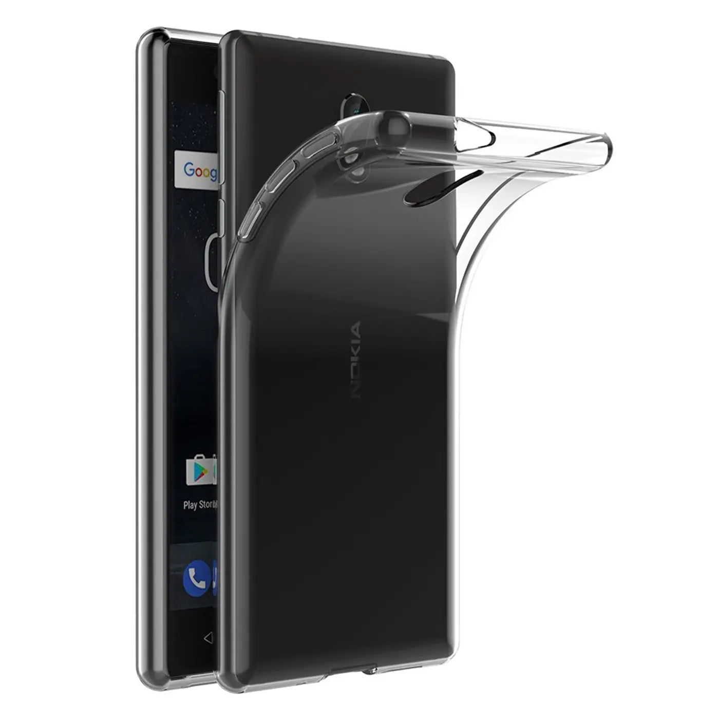 Klares, flexibles Handyhülle aus Silikon, zeigt Rückseite eines schwarzen Nokia 2.1.