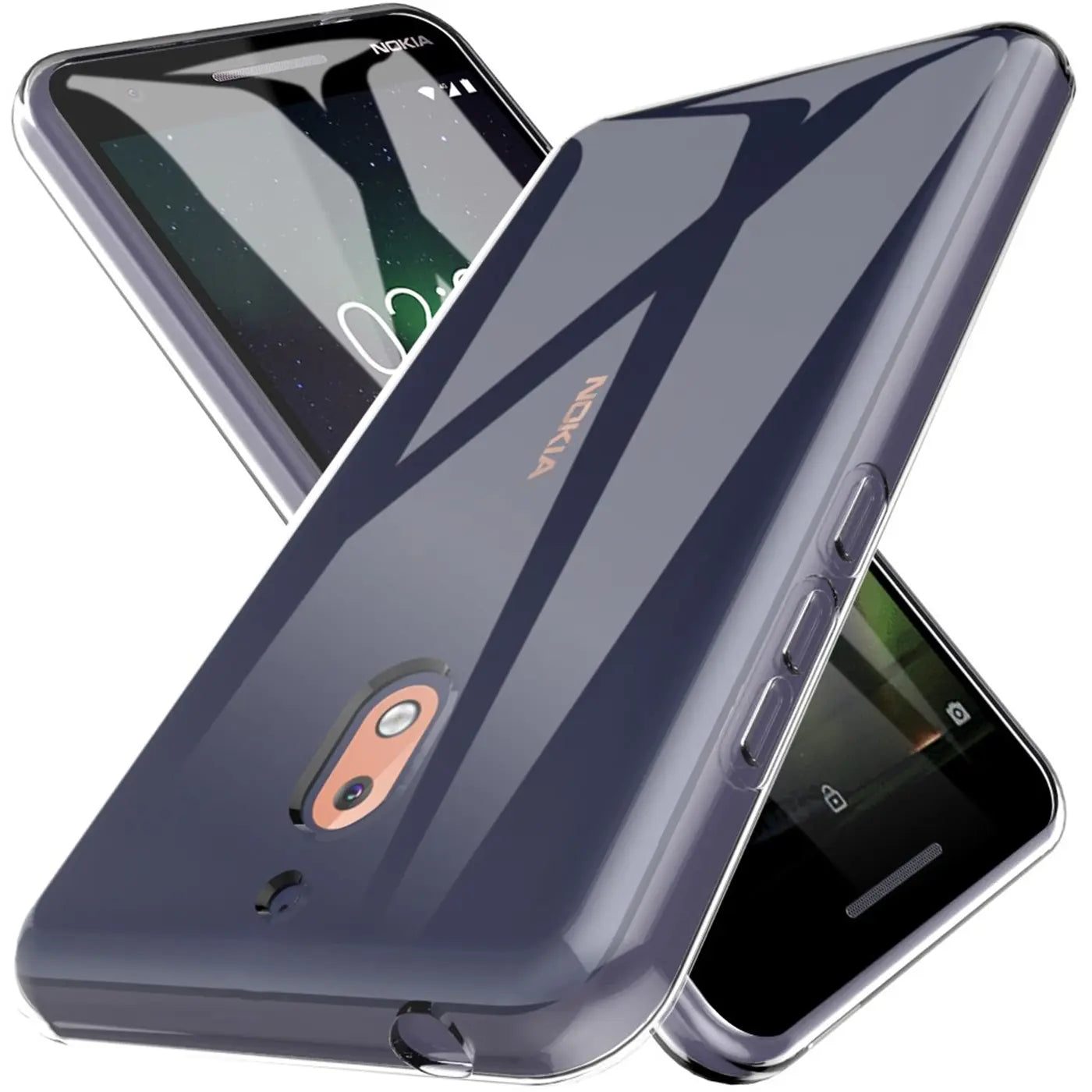 Transparente Hülle aus Kunststoff, schräg von vorne, zeigt Nokia 2.1.