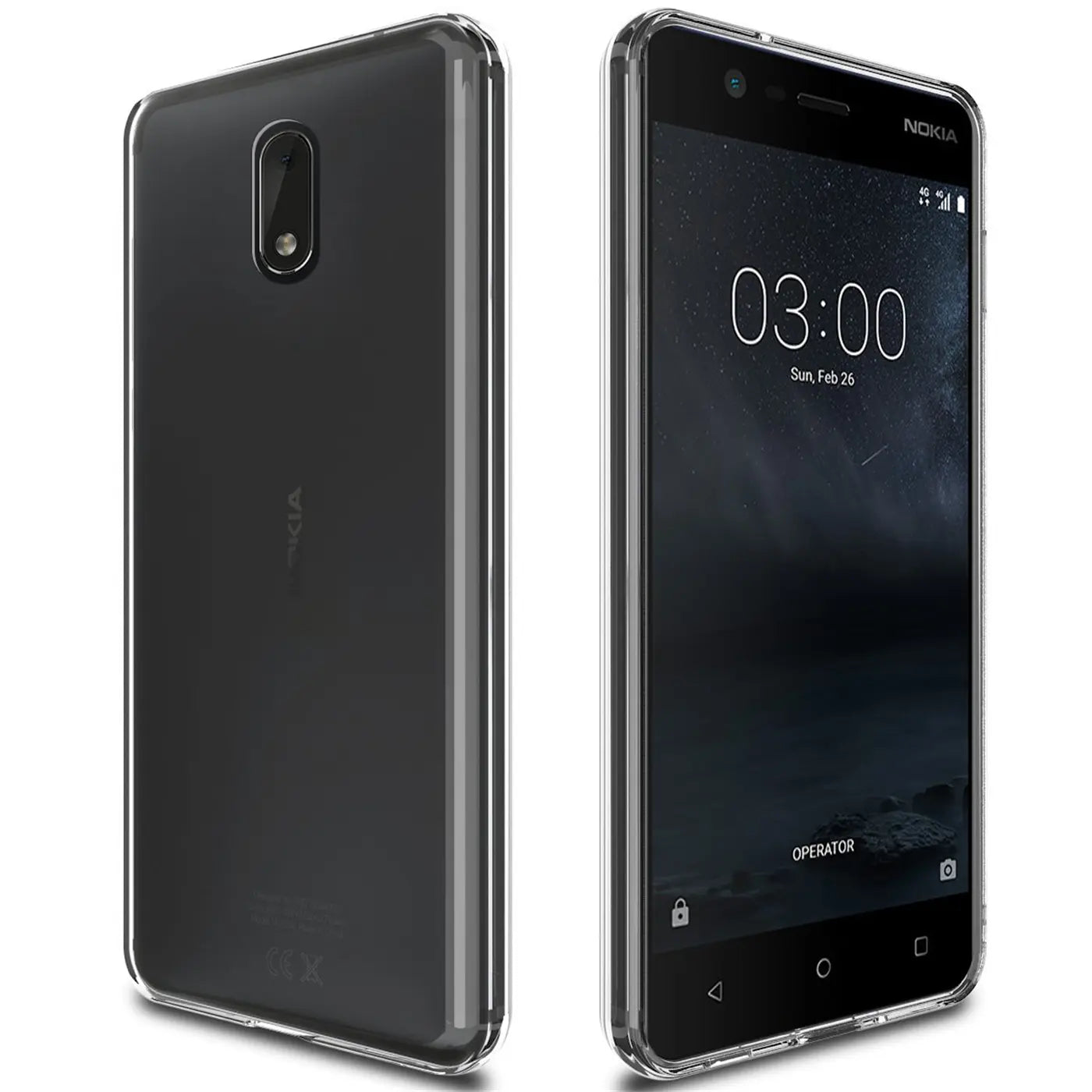 Nokia 2.1 Handy: Vorder- und Rückansicht, transparentes Silikoncase, von vorne und schräg hinten