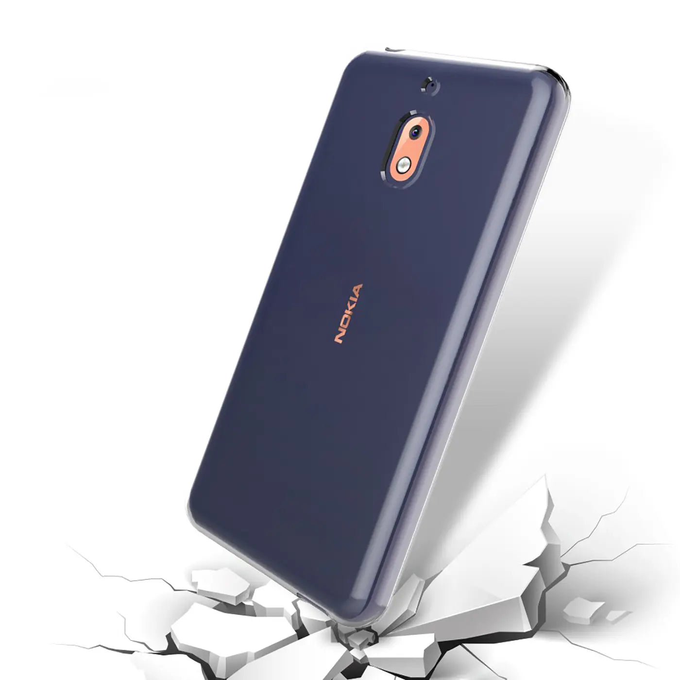 Dunkelblaues, klares Handy-Case aus Kunststoff, von hinten, auf zerbrechendem Boden, Nokia 2.1.