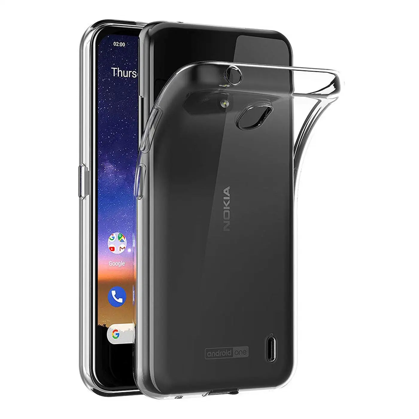 Klares, transparentes TPU-Case, das auf ein Nokia 2.2 aufgesetzt wird, Seitenansicht.