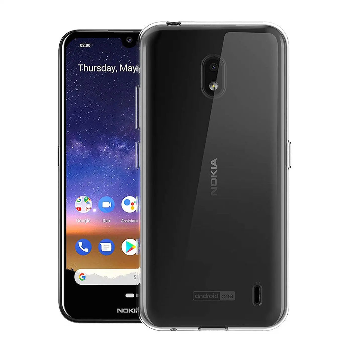 Nokia 2.2 in klarem, transparentem Kunststoff-Case, von vorne und hinten gezeigt.