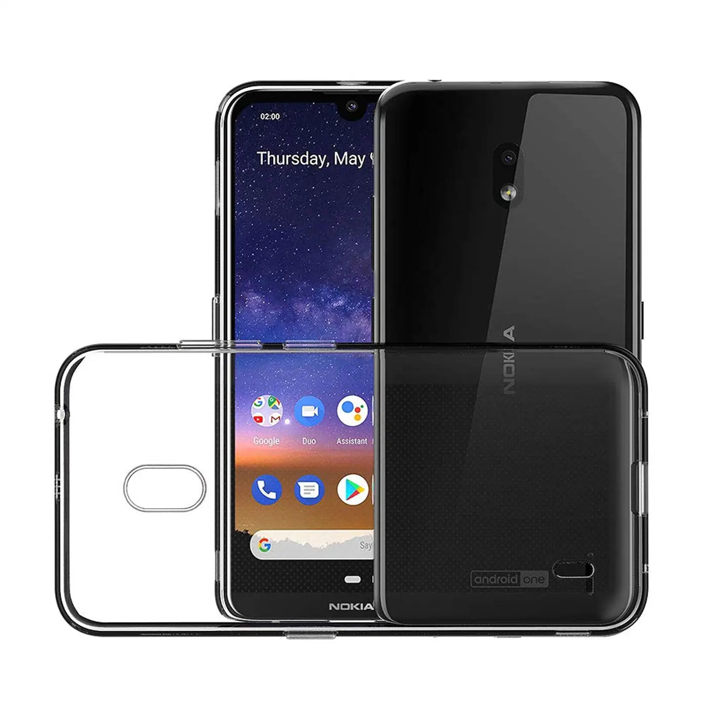 Klarer Slim Case aus Kunststoff, Vorder- und Rückansicht eines Nokia 2.2 Smartphones.