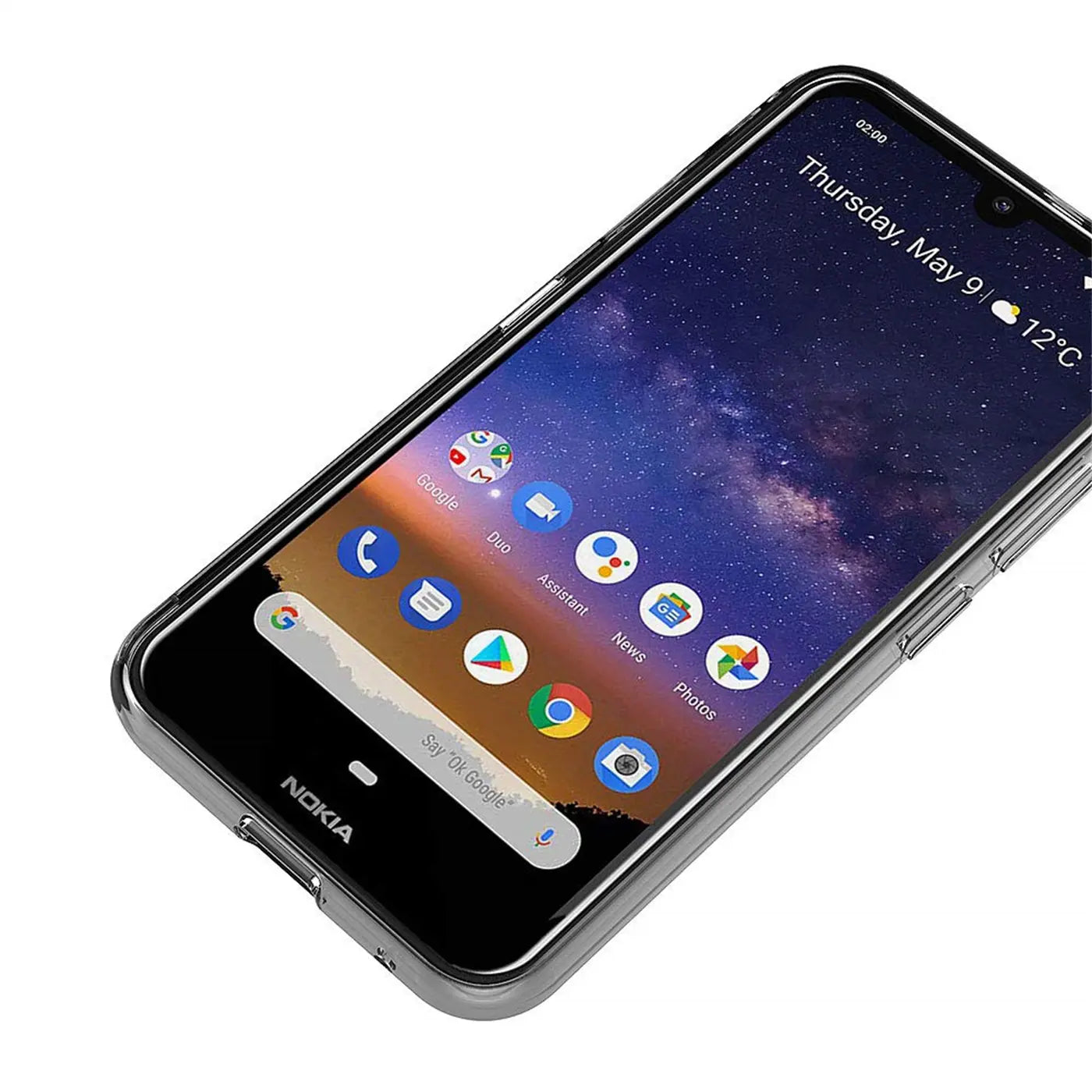 Klares, schlankes Handycase aus Kunststoff, von schräg oben fotografiert, zeigt ein Nokia 2.2 Smartphone.