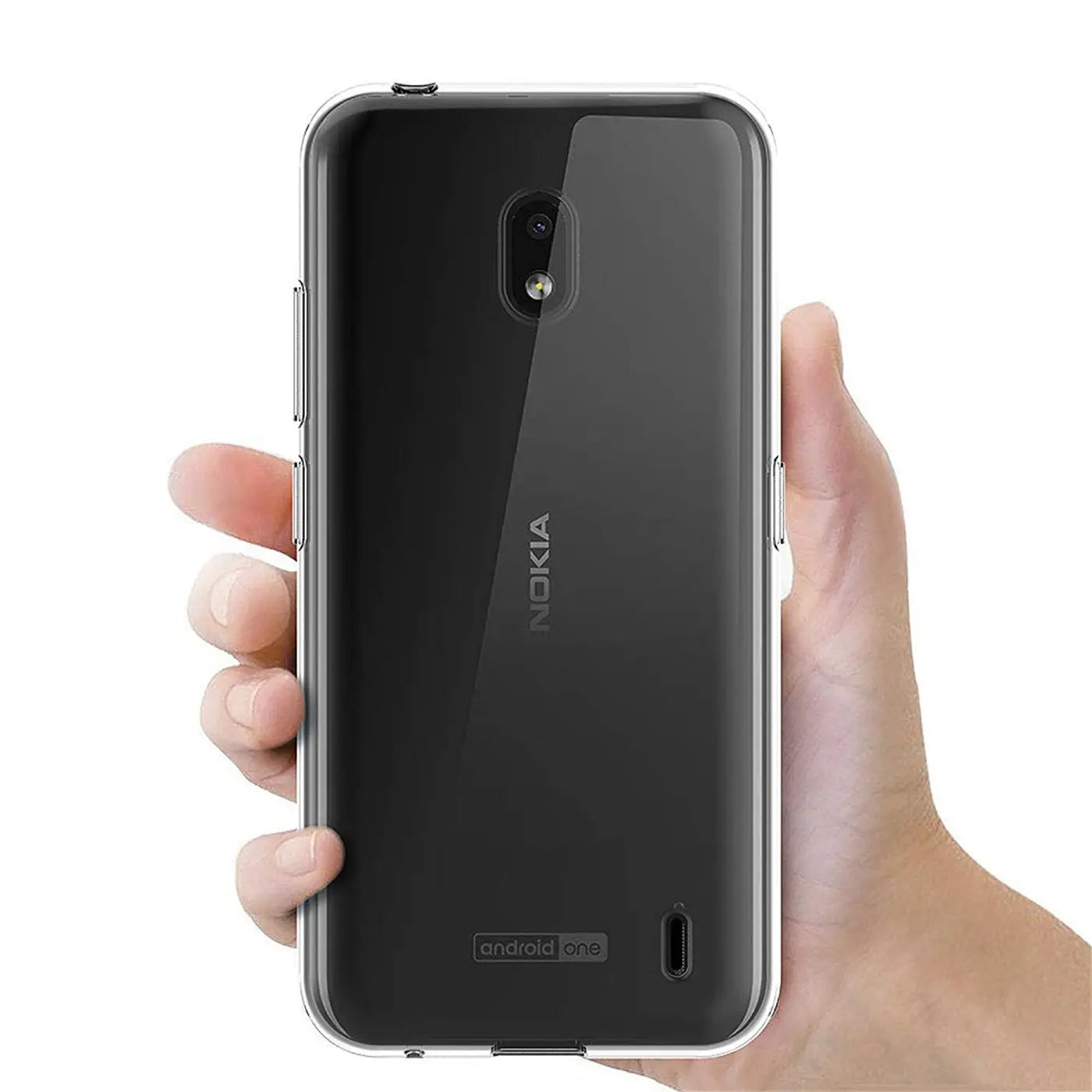 Transparente Hülle aus Kunststoff um ein Nokia 2.2 Smartphone, von hinten gezeigt, in einer Hand gehalten.