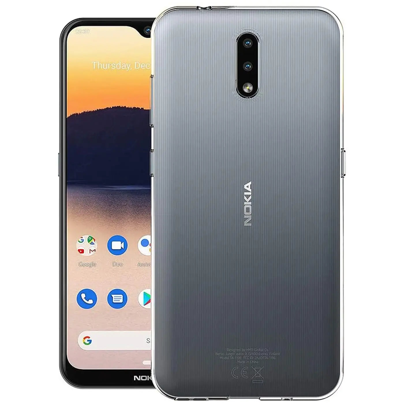 Graues, transparentes Slim-Case aus Kunststoff für Nokia 2.3, Rückansicht und Vorderseite.
