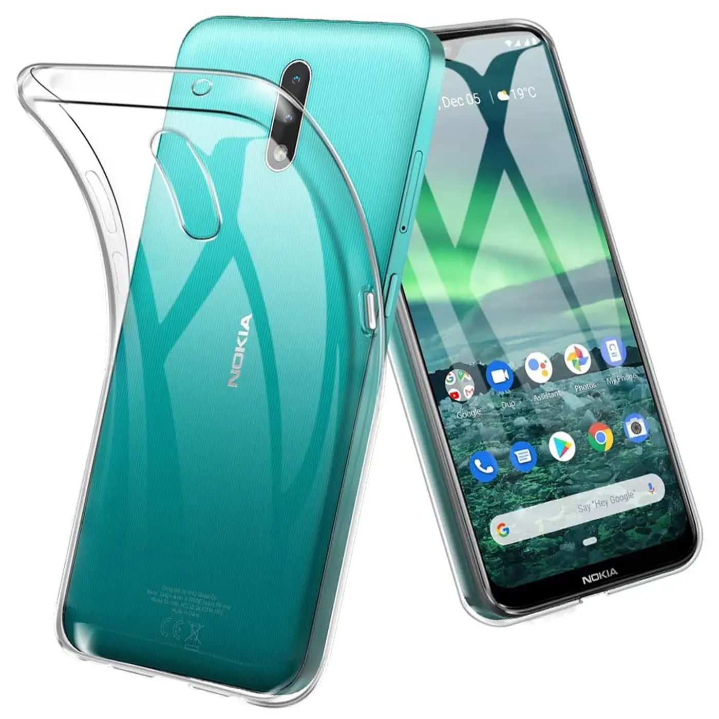 Klar, durchsichtiges TPU-Case auf einem türkisfarbenen Nokia 2.3, von vorne links gesehen.
