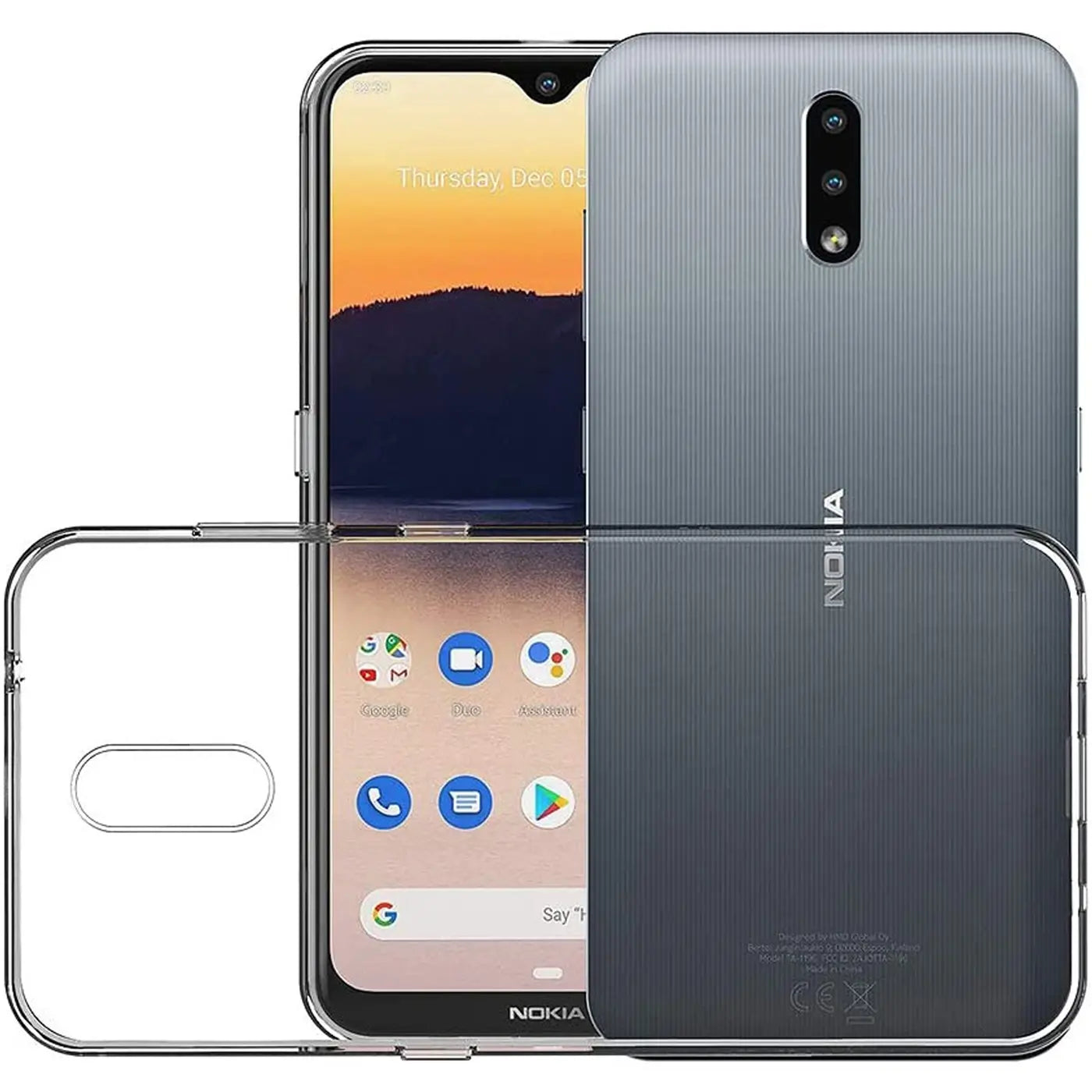 Klares, dünnes Handyhülle aus Kunststoff, zeigt Nokia 2.3 von vorne und hinten.
