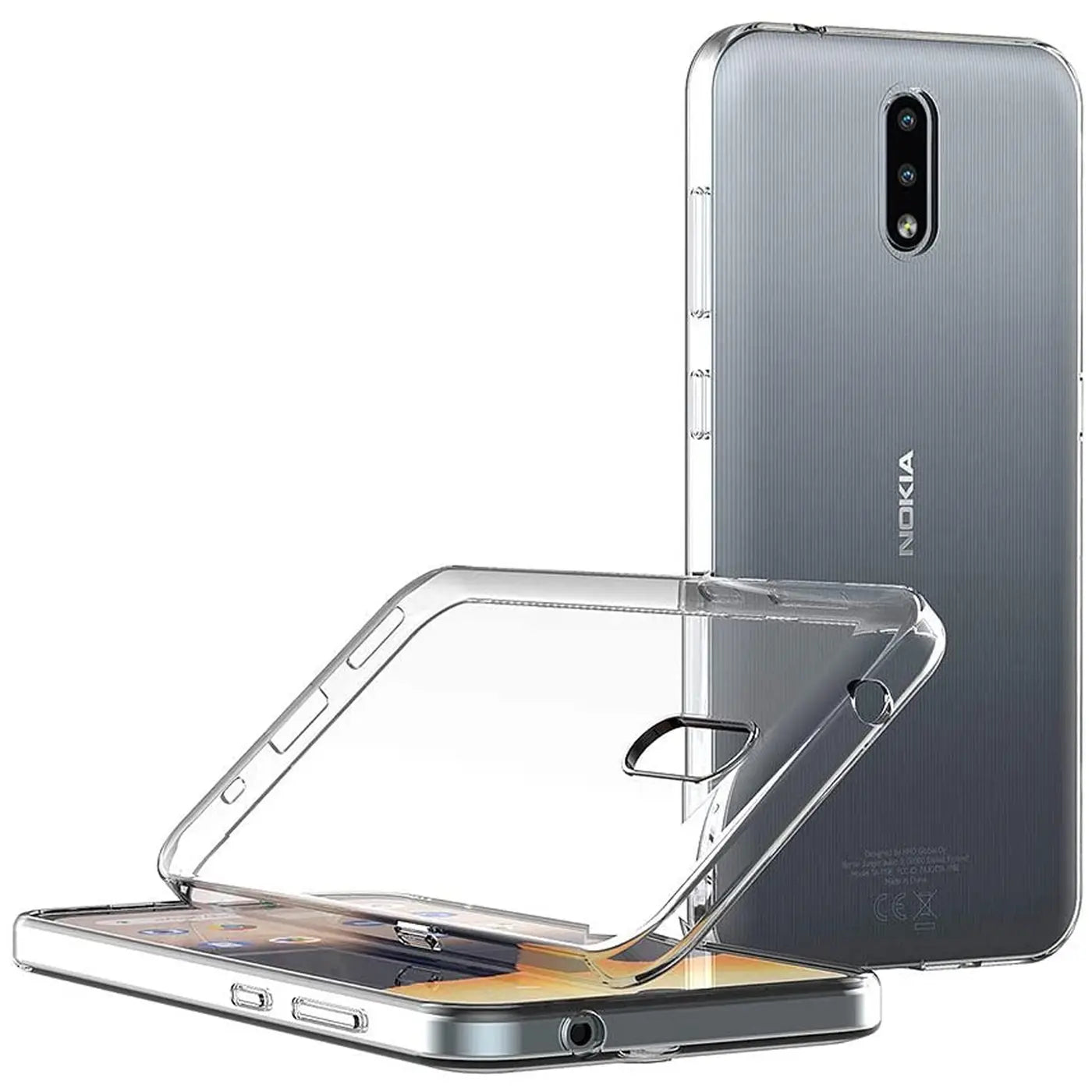 Klares Silikon-Case, schräg von vorne auf einem Nokia 2.3 liegend.