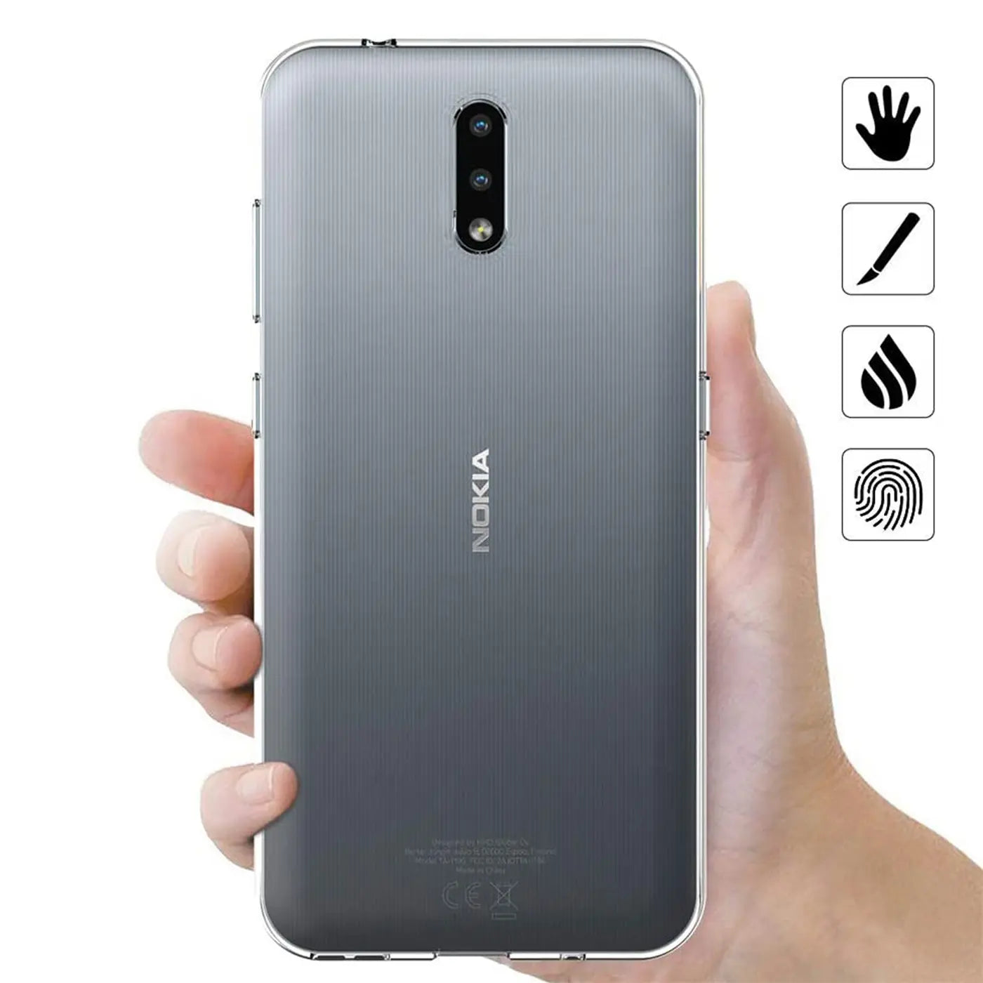 Transparente Hülle aus Kunststoff, von hinten gezeigt, um ein Nokia 2.3 Smartphone.