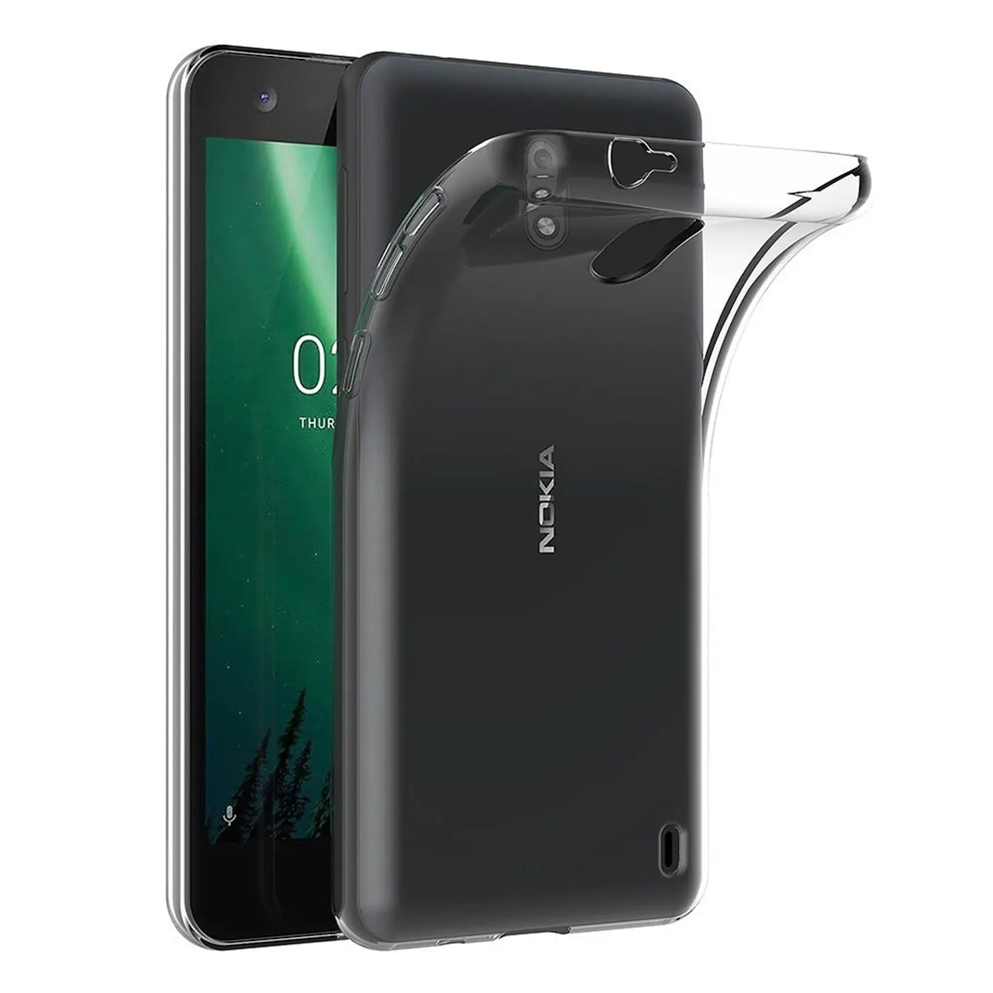 Klares, flexibles Handyhülle aus Silikon, seitliche Ansicht, auf einem schwarzen Nokia 2.