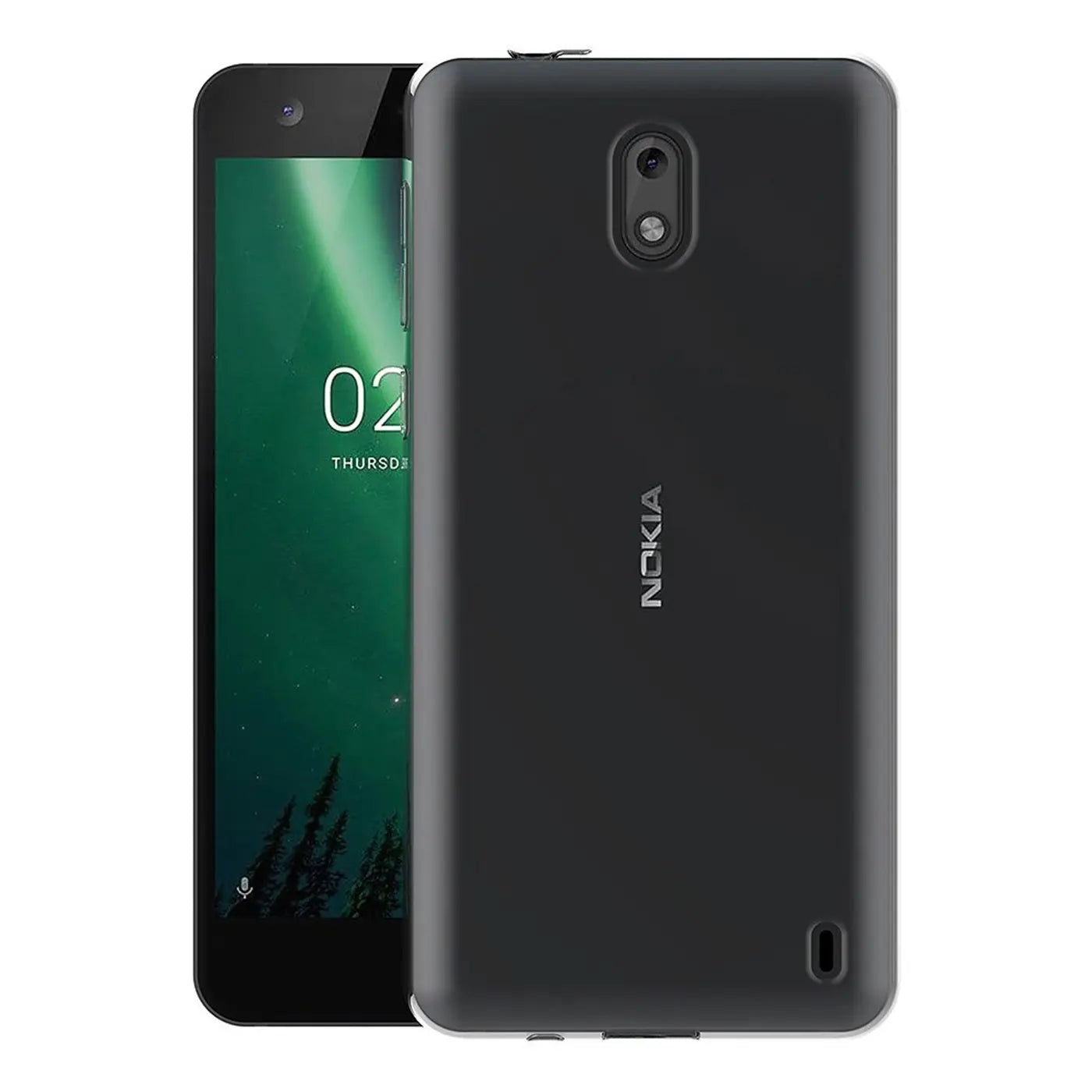 Schwarzes, mattes Kunststoff-Case auf einem Nokia 2. Rückansicht, leicht schräg.