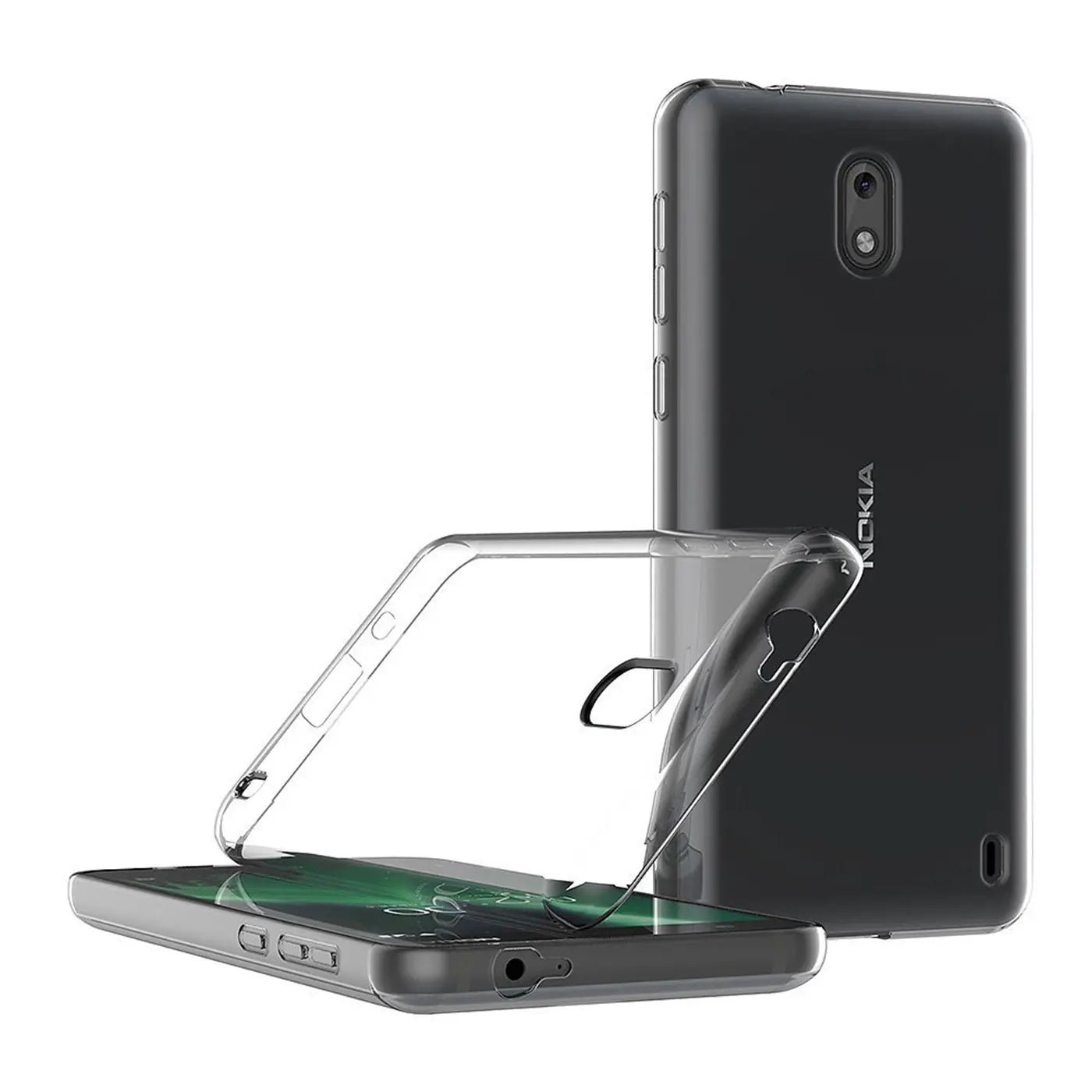 Klares, dünnes Kunststoff-Case, das teilweise über ein schwarzes Nokia 2 Handy gelegt ist.