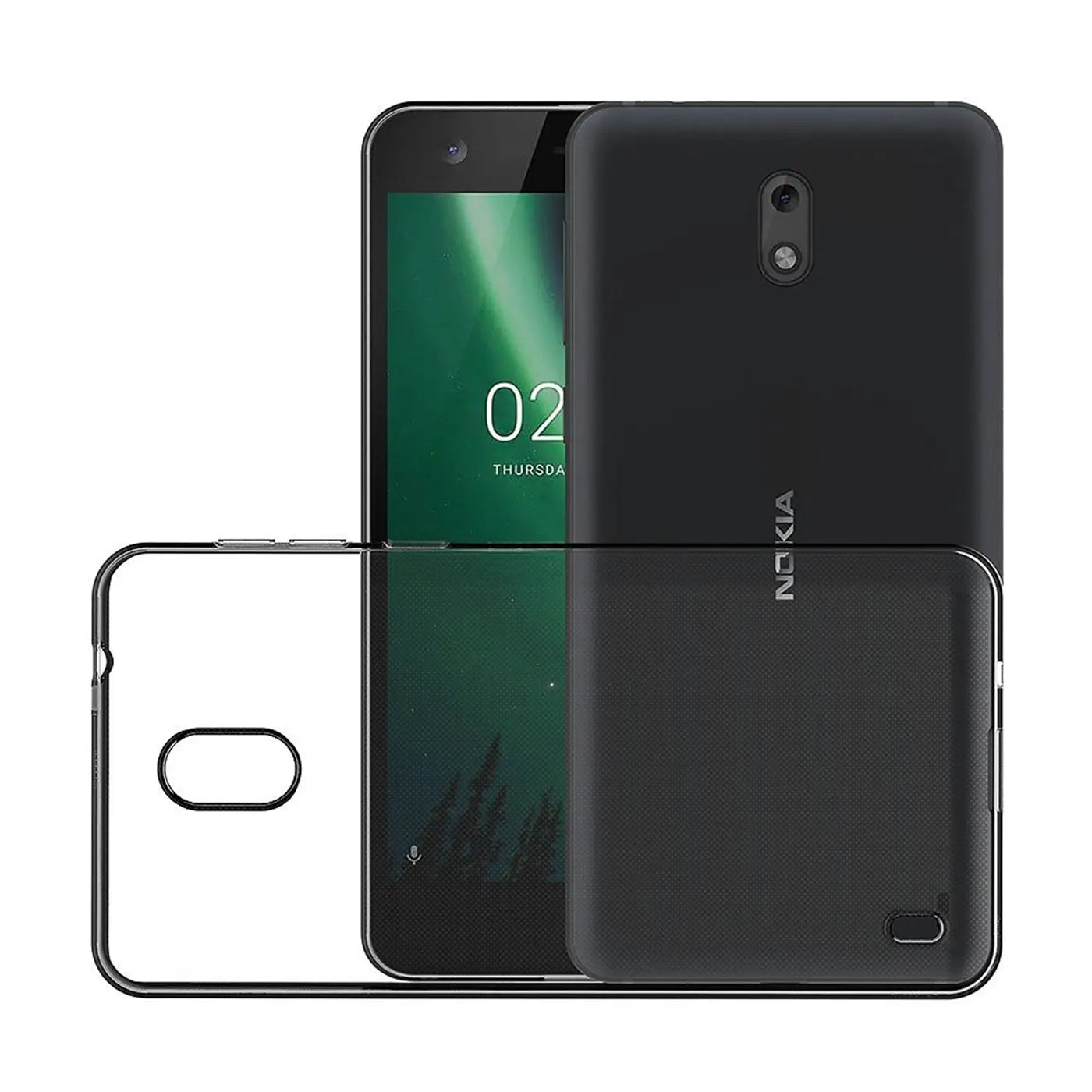 Klares, transparentes Handyhülle aus Kunststoff mit schwarzem Nokia 2 Smartphone, von vorne und hinten gezeigt.