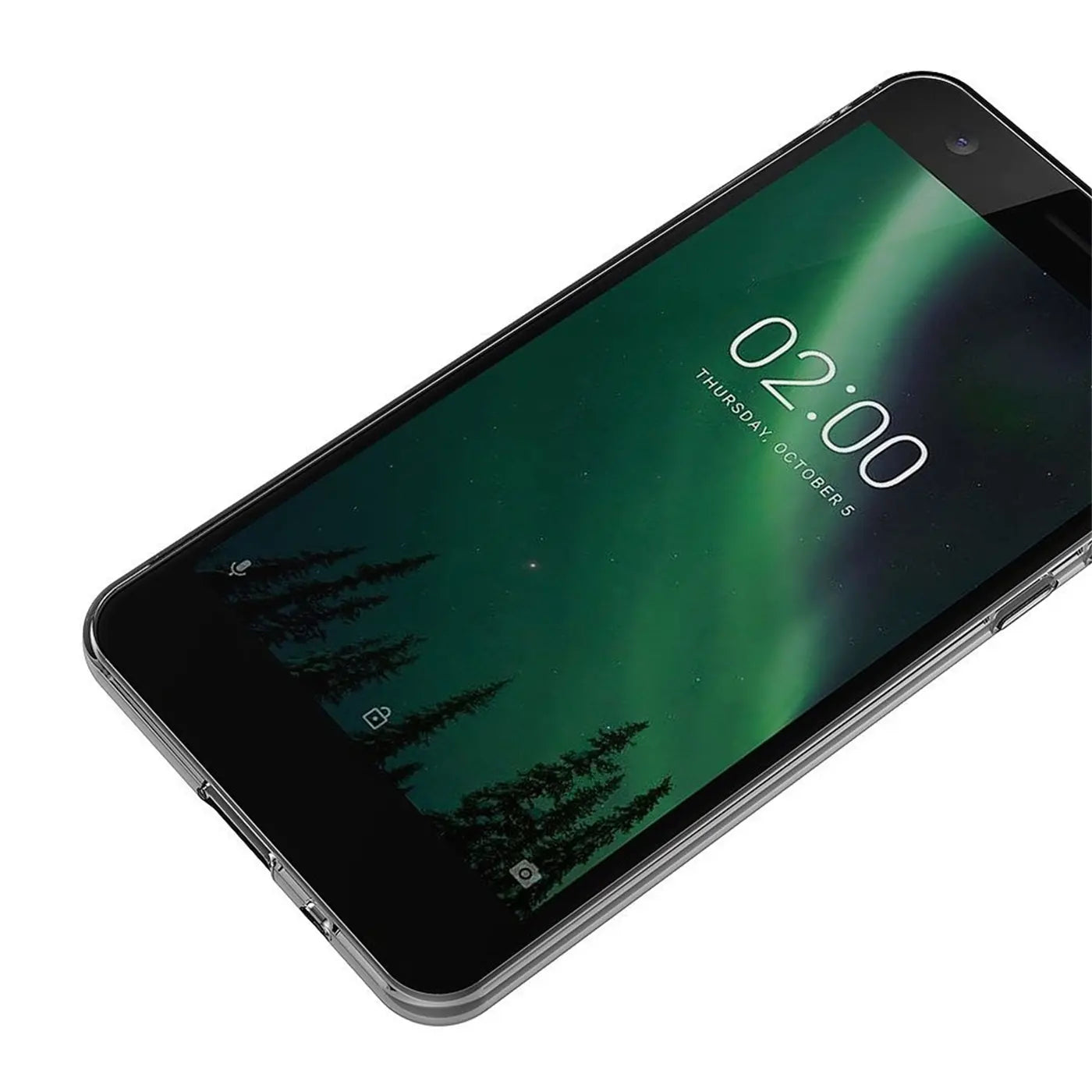 Nokia 2 Smartphone mit transparentem Slim Case, von oben links, mit Nordlichter-Hintergrund.
