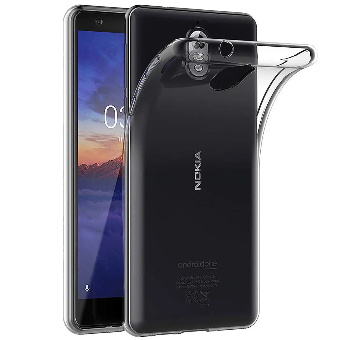 Klares, transparentes Silikoncase auf einem schwarzen Nokia 3.1, Rückansicht.