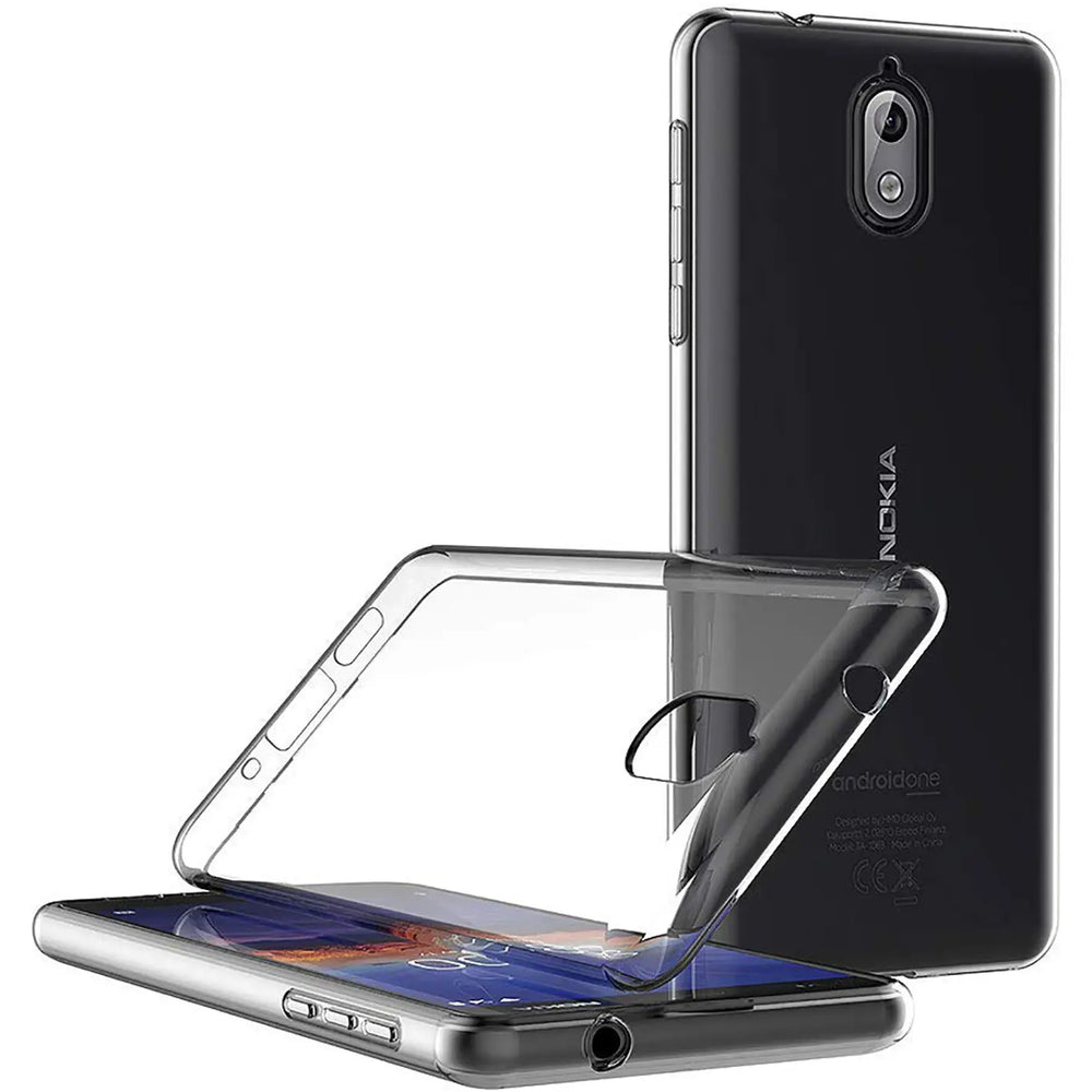 Klares Silikon-Case, schräg von vorne, auf einem schwarzen Nokia 3.1 liegend.