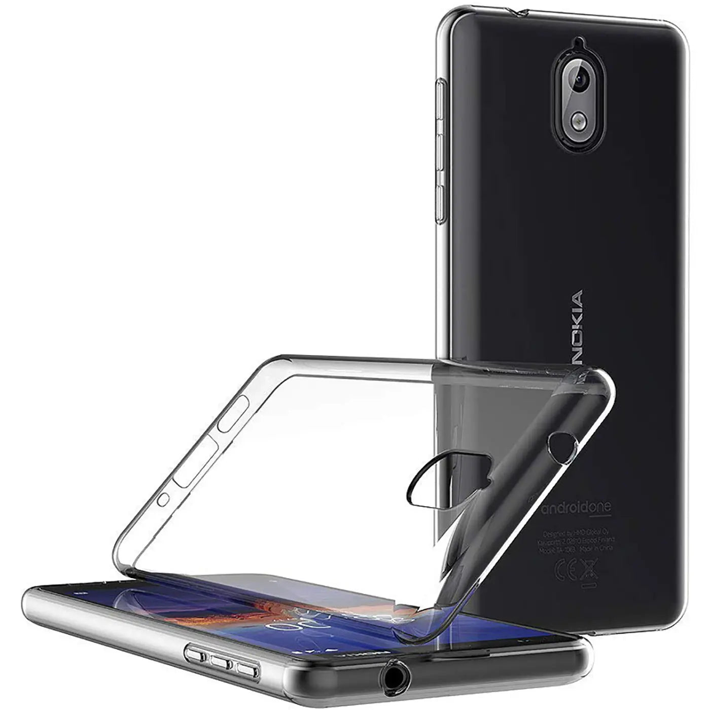 Klares Silikon-Case, schräg von vorne, auf einem schwarzen Nokia 3.1 liegend.