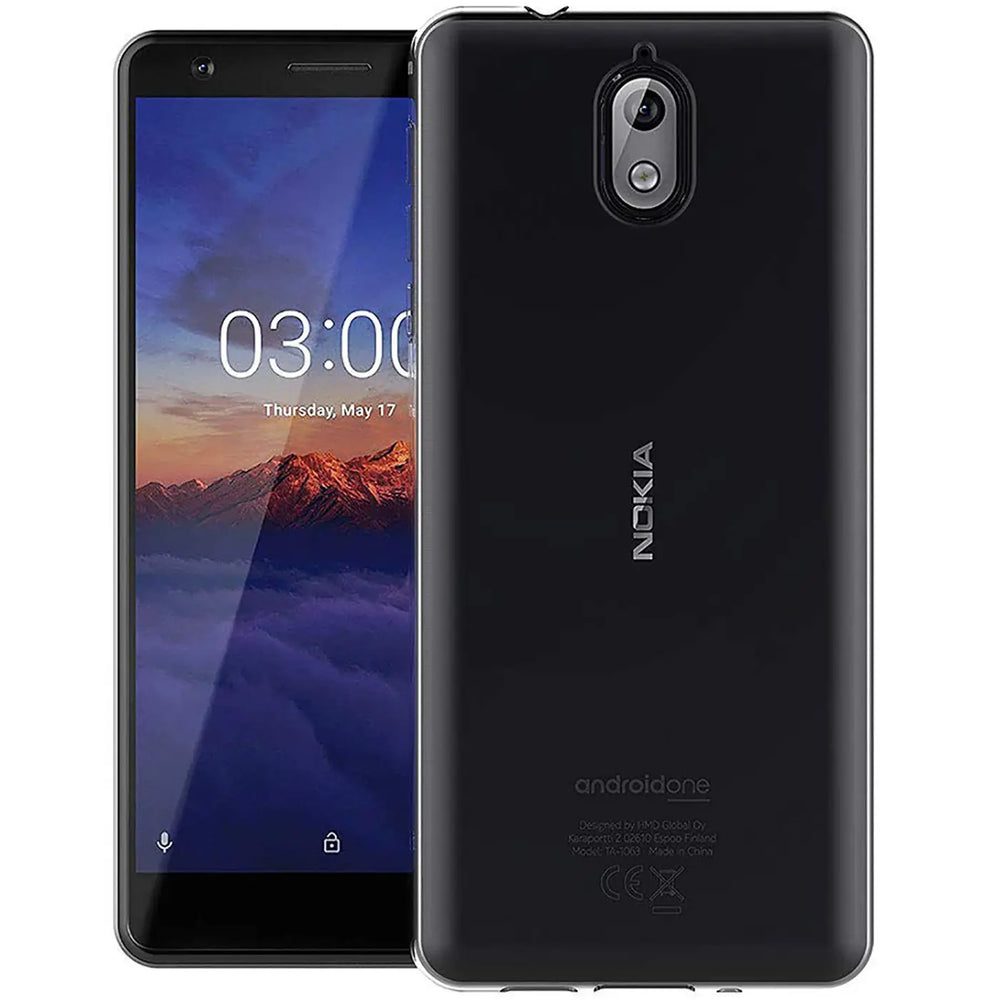 Schwarzes Nokia 3.1 Smartphone mit transparentem Slim Case, Vorder- und Rückansicht.