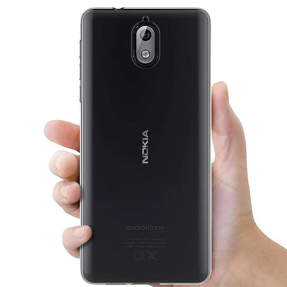Schwarzes, transparentes Handy-Case aus Kunststoff, Rückansicht, gehalten in einer Hand, Nokia 3.1.