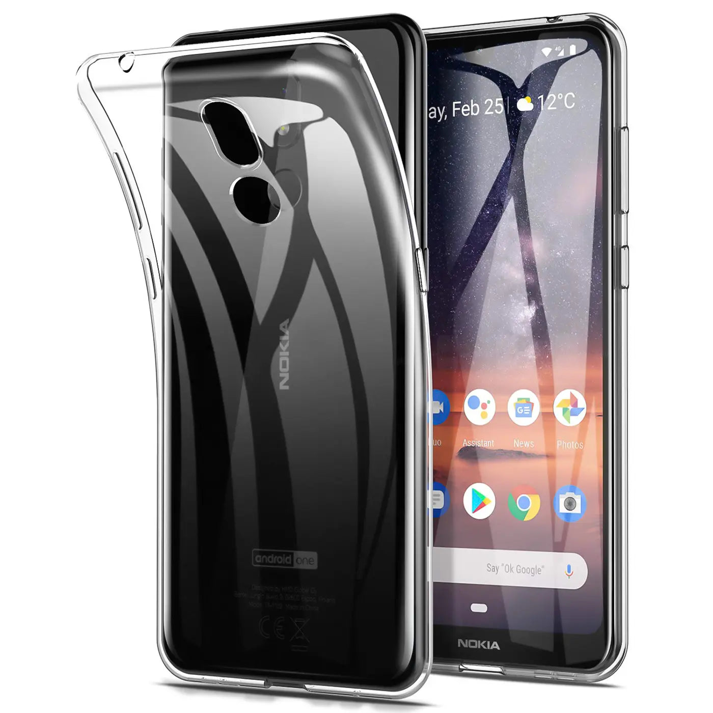 Klares Silikon-Case, leicht gebogen, zeigt Rückseite und Vorderseite eines Nokia 3.2 Smartphones.