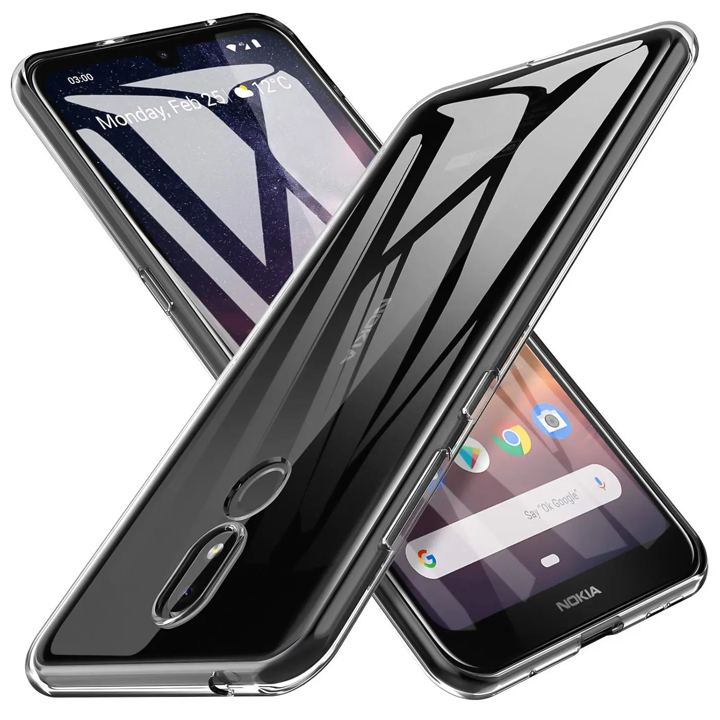Zwei transparente Hüllen aus Kunststoff auf einem Nokia 3.2, schräg von vorne