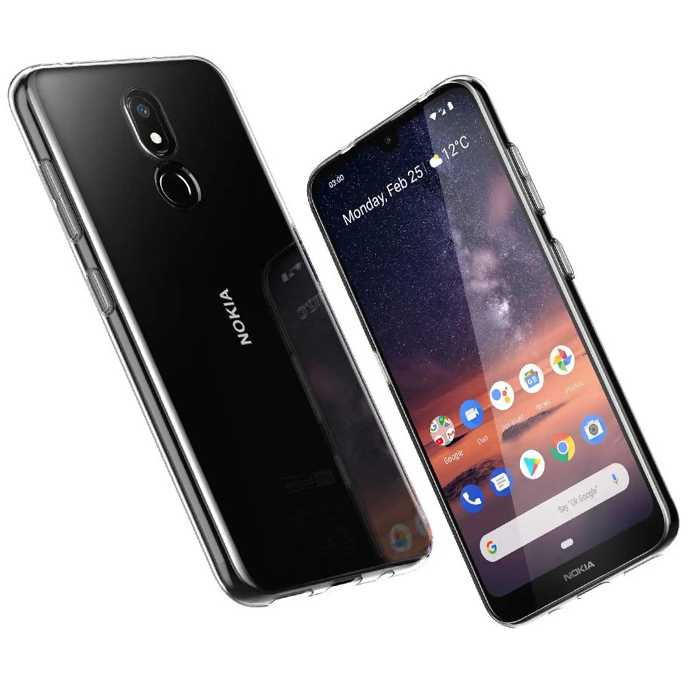 Klares, transparentes Handy-Case aus Kunststoff, das ein Nokia 3.2 schützt. Vorder- und Rückansicht.
