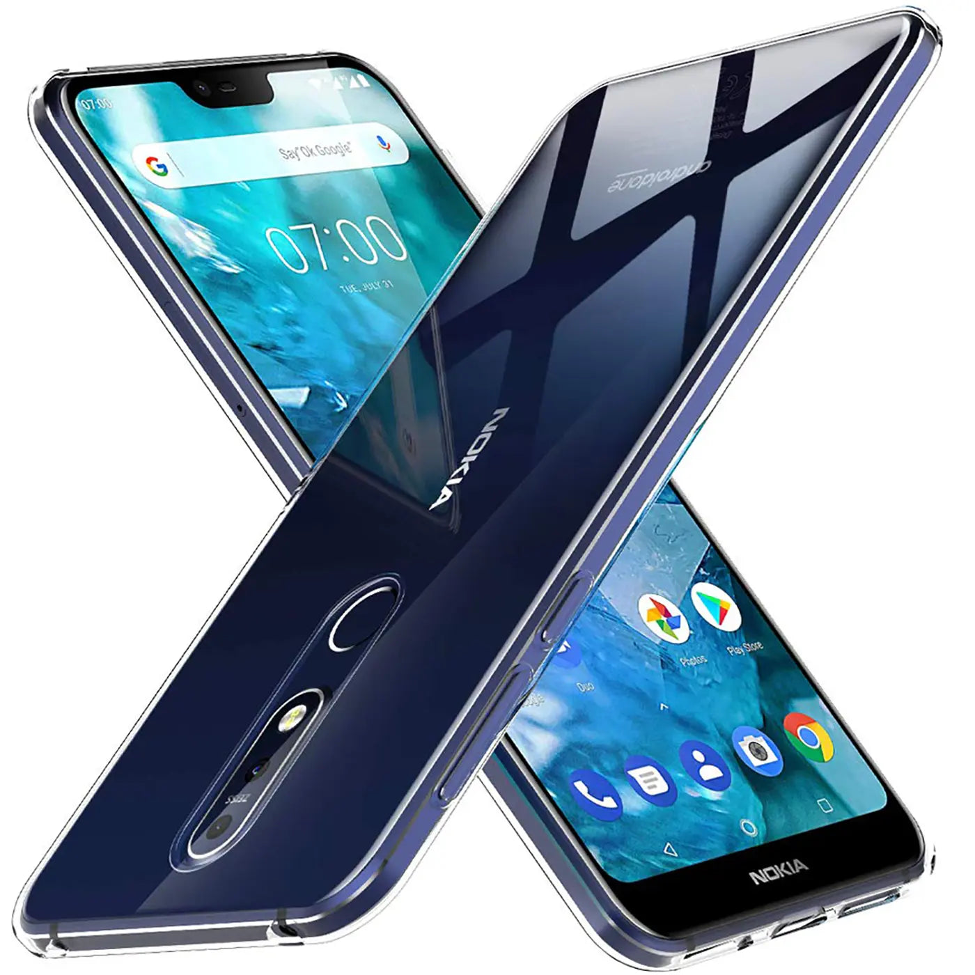 Zwei transparente Hüllen mit Nokia 4.2 Handys, von oben links und unten rechts.