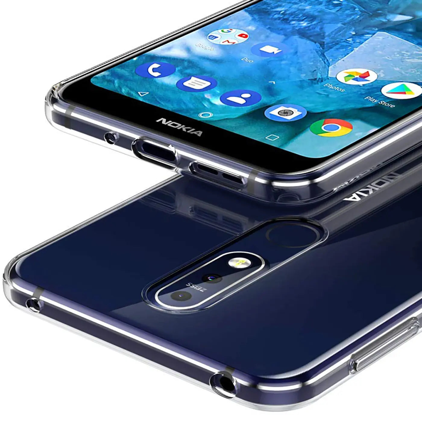 Klares, transparentes Case aus Kunststoff auf einem dunkelblauen Nokia 4.2, Draufsicht.