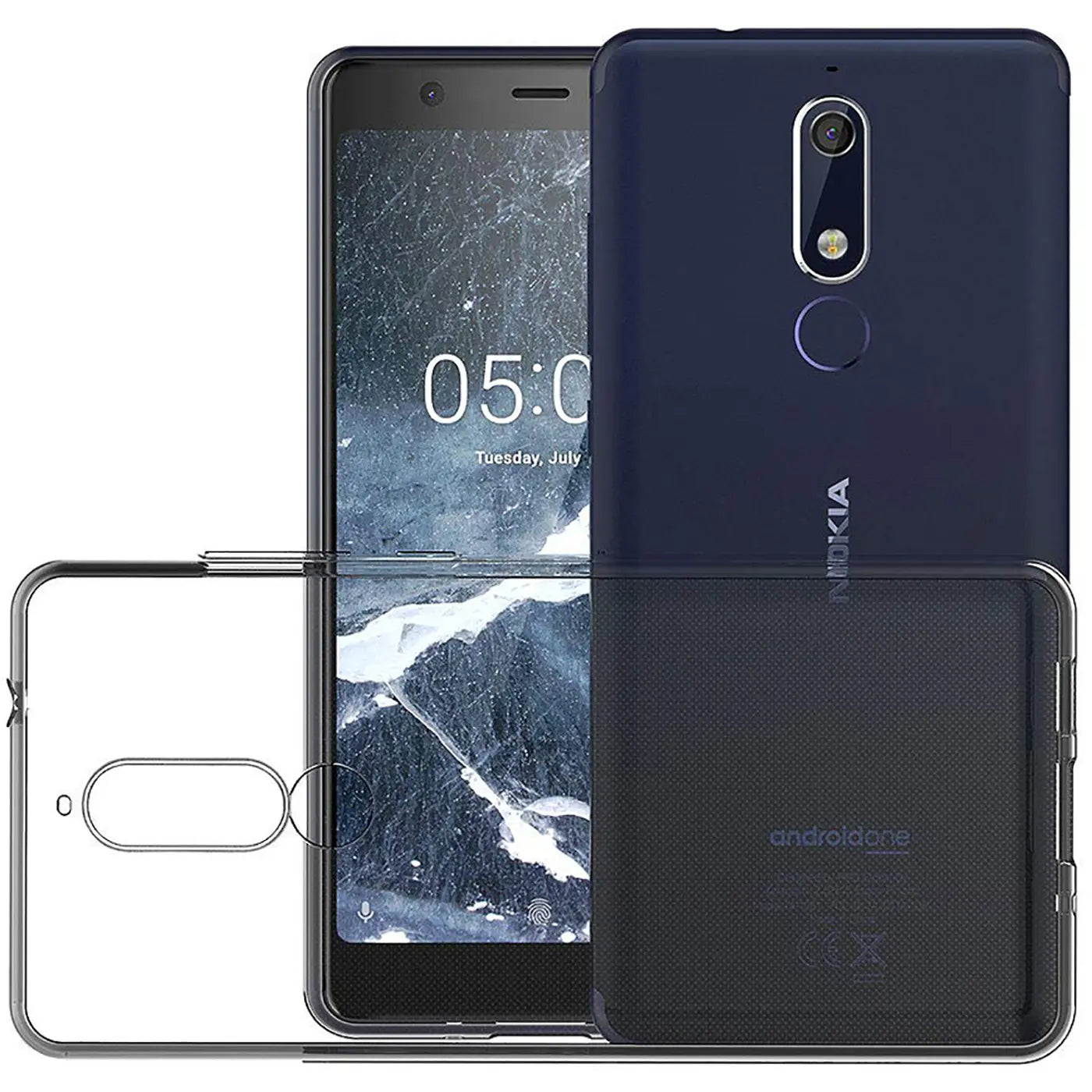 Klares, transparentes Handyhülle aus Kunststoff, zeigt ein blaues Nokia 5.1 Smartphone.