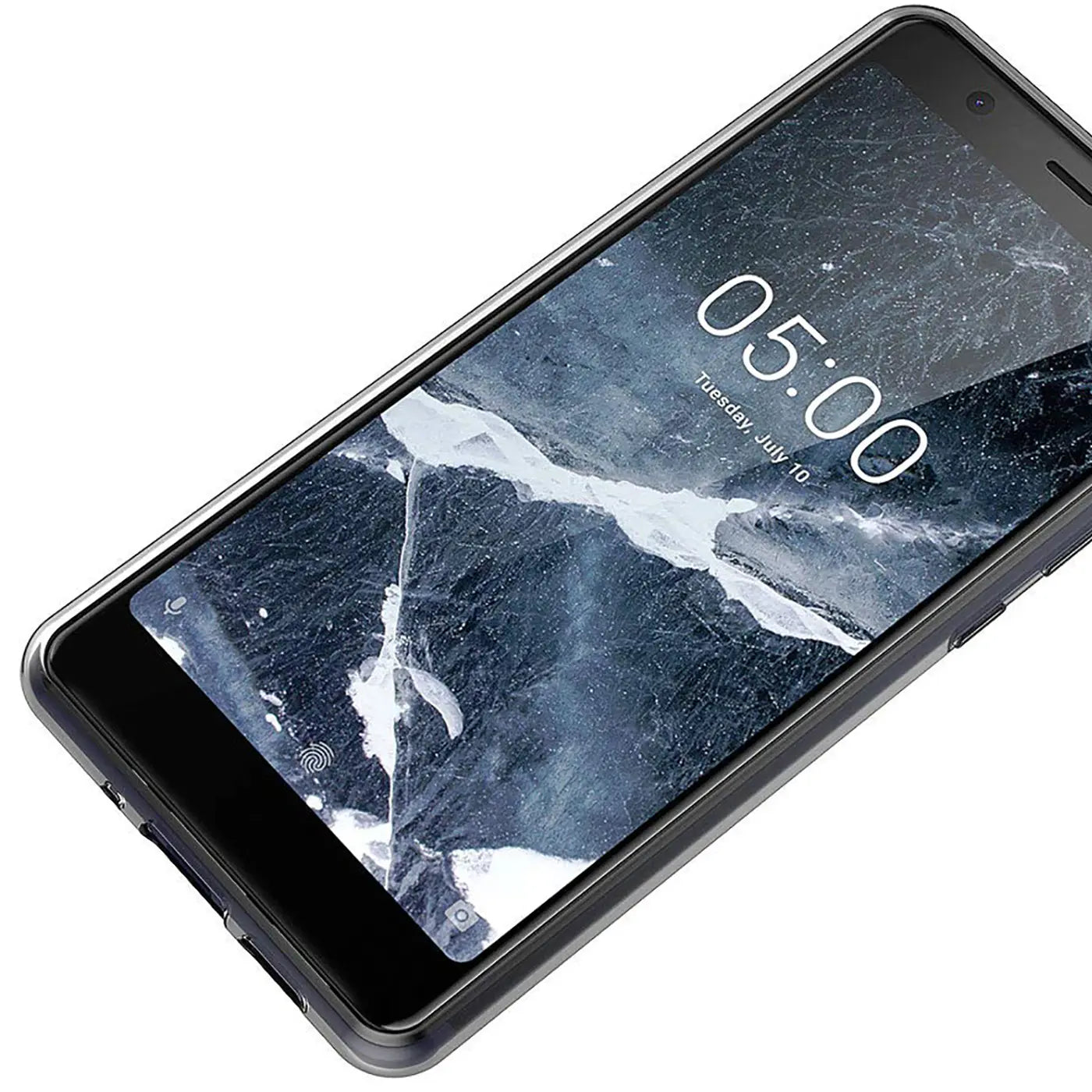 Klares, transparentes Handy-Case aus Kunststoff, schräg von oben auf ein Nokia 5.1 mit Eis-Hintergrund.