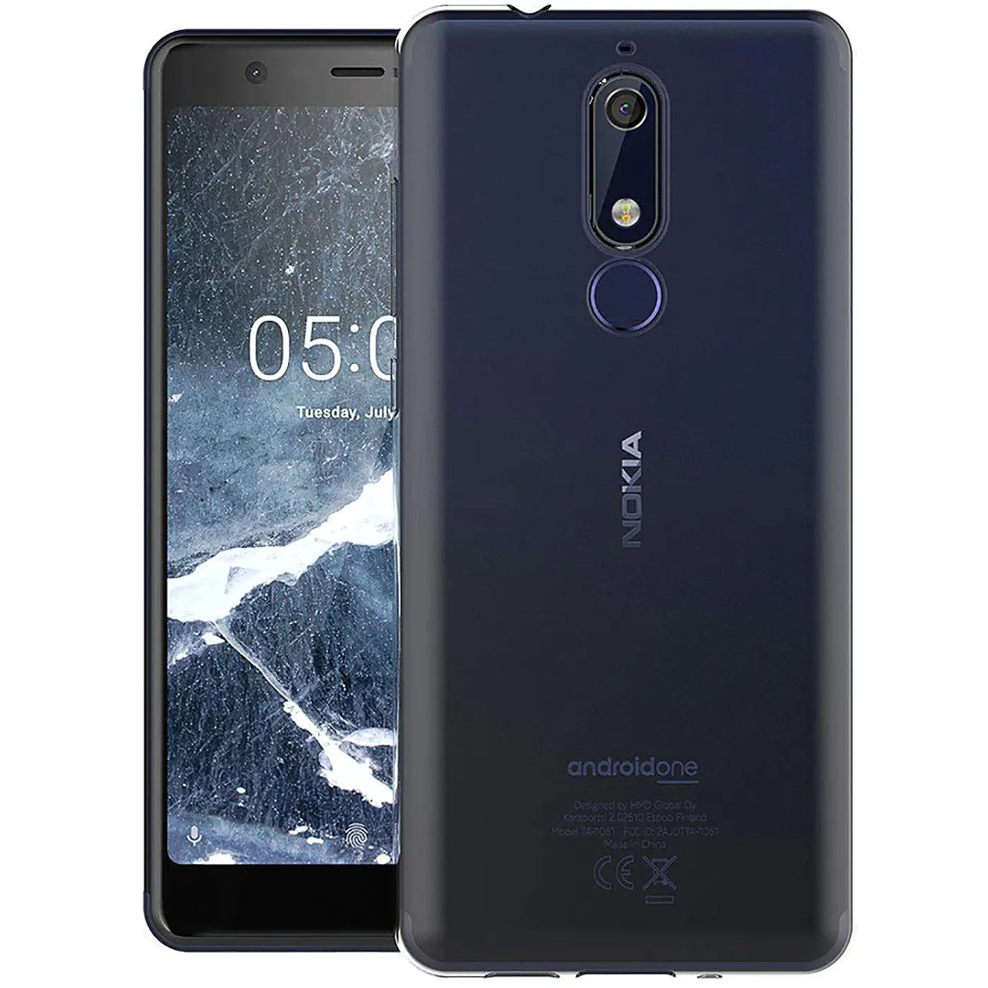 Dunkelblaues, transparentes Handy-Case aus Kunststoff, von vorne und hinten gezeigt, Nokia 5.1.