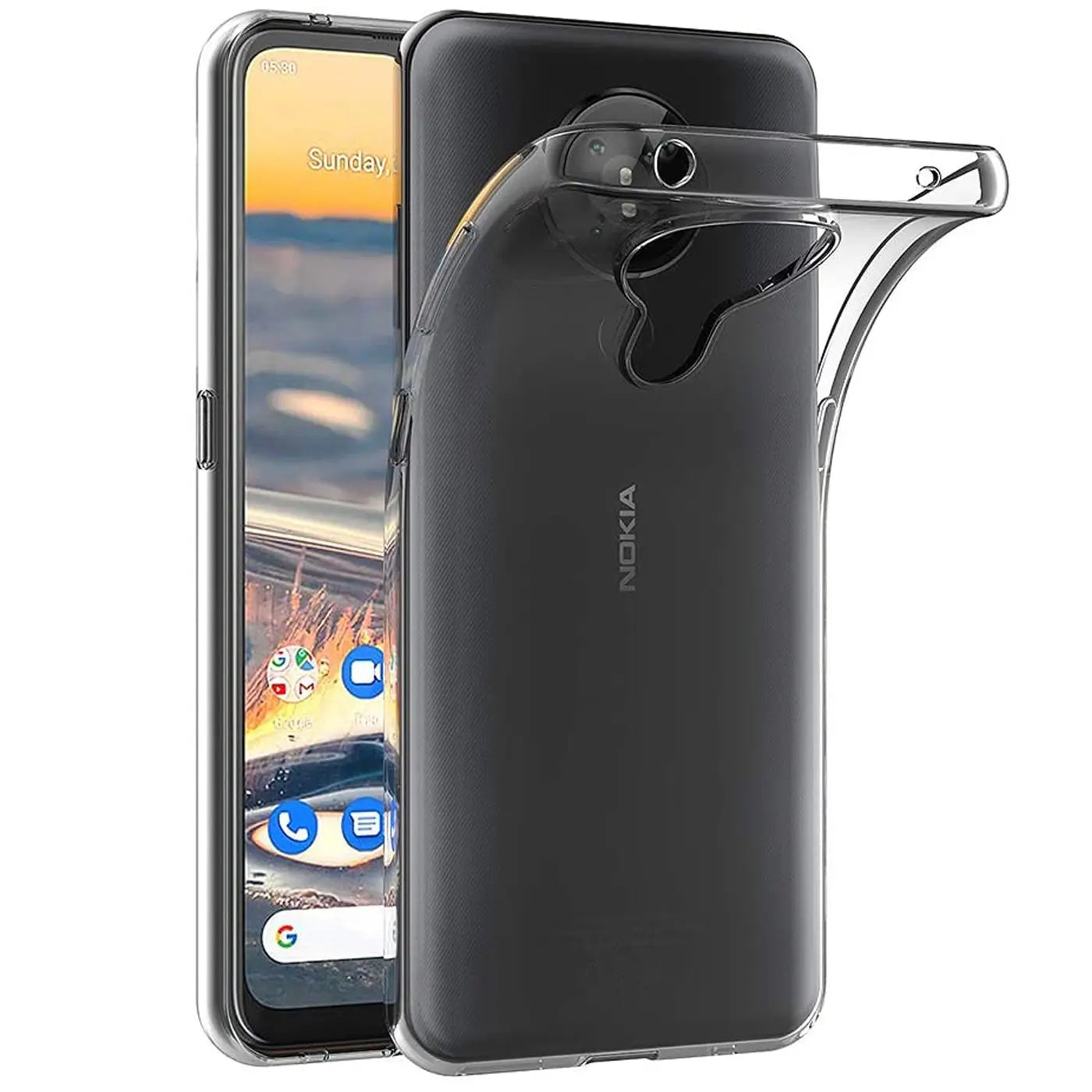 Klares, flexibles Handyhülle aus Silikon, seitliche Ansicht, mit Nokia 5.3.